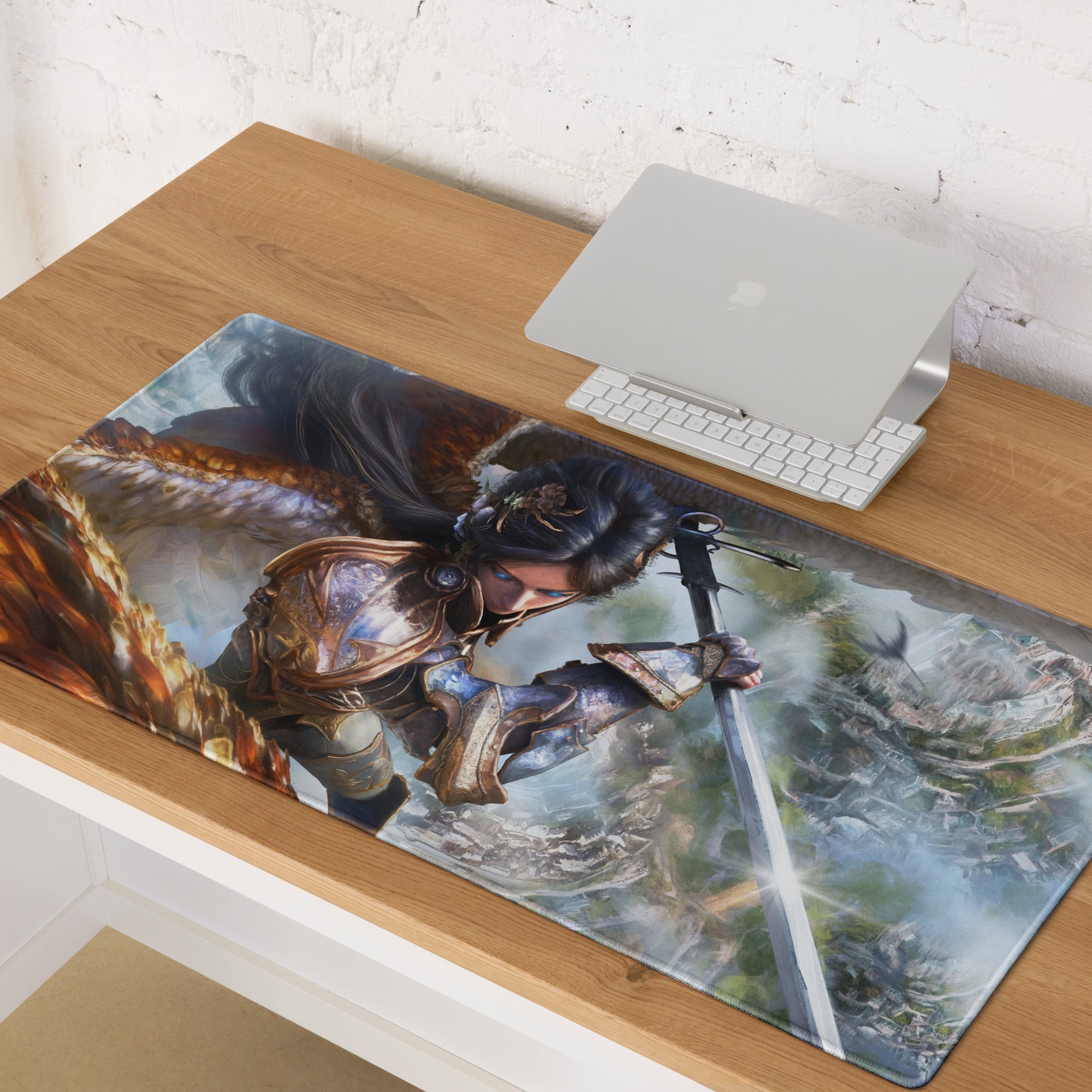 Fantasy Warrior Blue And Gold Gaming Desk Mouse Pad Non Slip Large Epic Fantasy Art Style