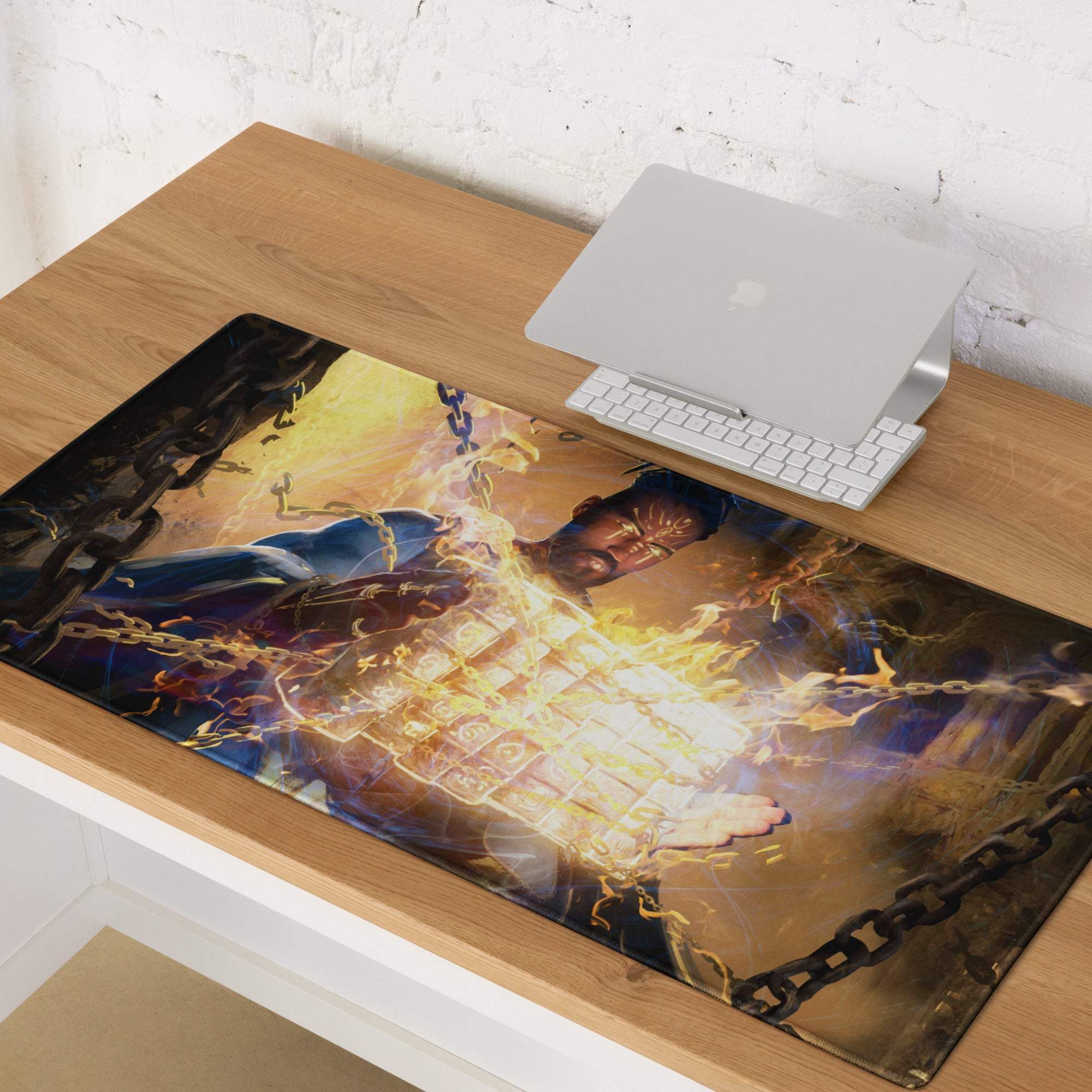 Blue orange fire warrior gaming mouse pad with vibrant muscular figure breaking chains in fiery golden and dark blue tones