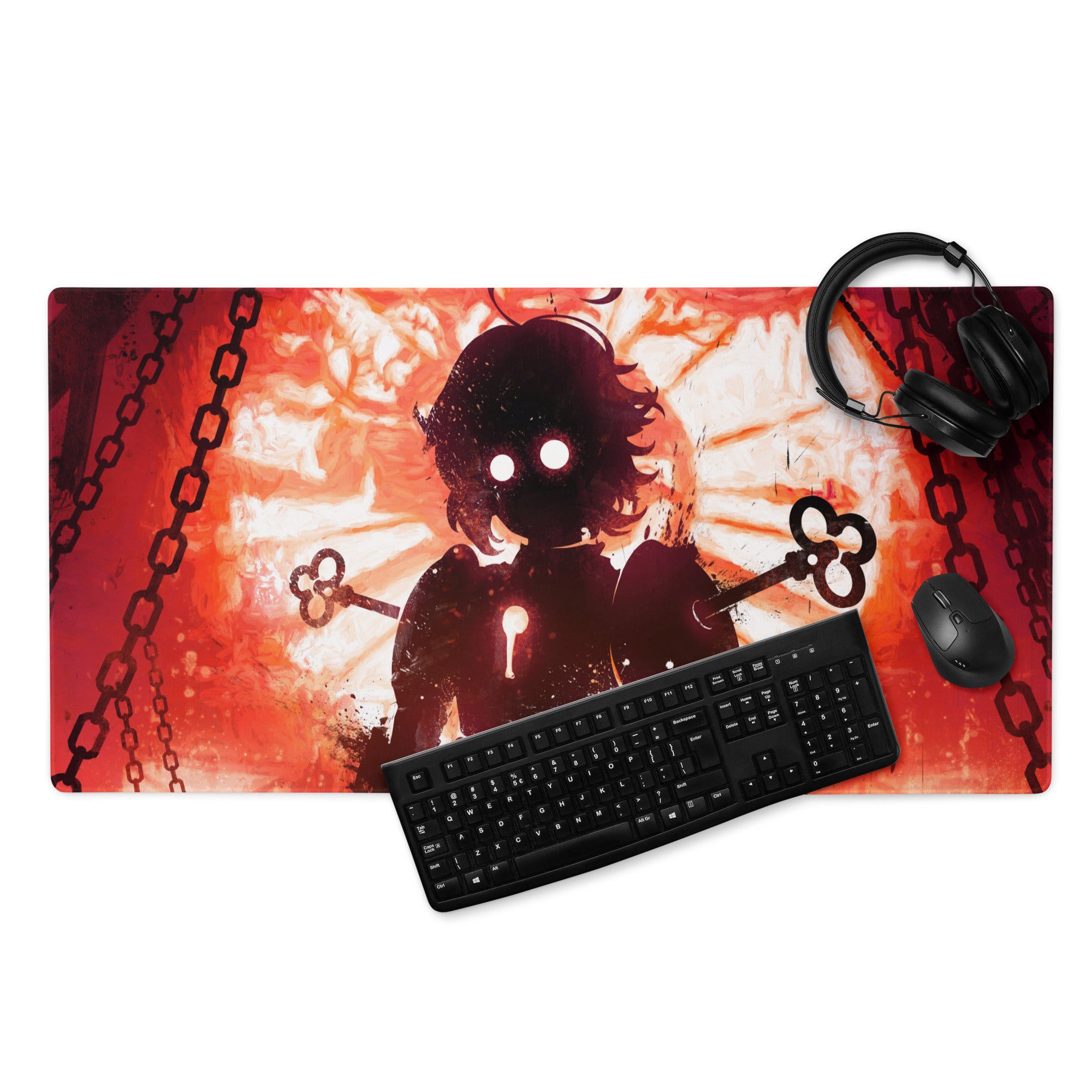 Fiery Demon Silhouette Gaming Mouse Pad Red Black Large Desk Mat Grunge Digital Art