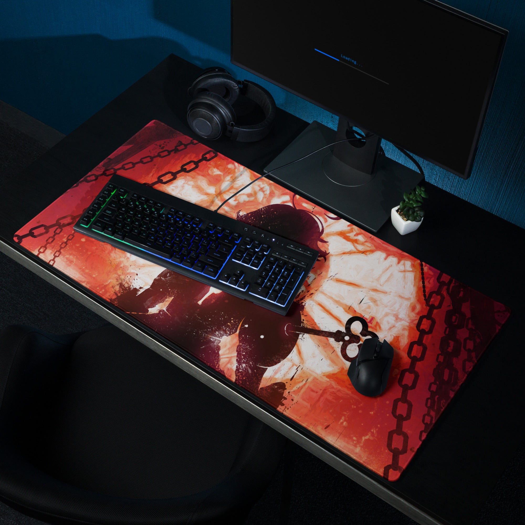Fiery Demon Silhouette Gaming Mouse Pad Red Black Large Desk Mat Grunge Digital Art
