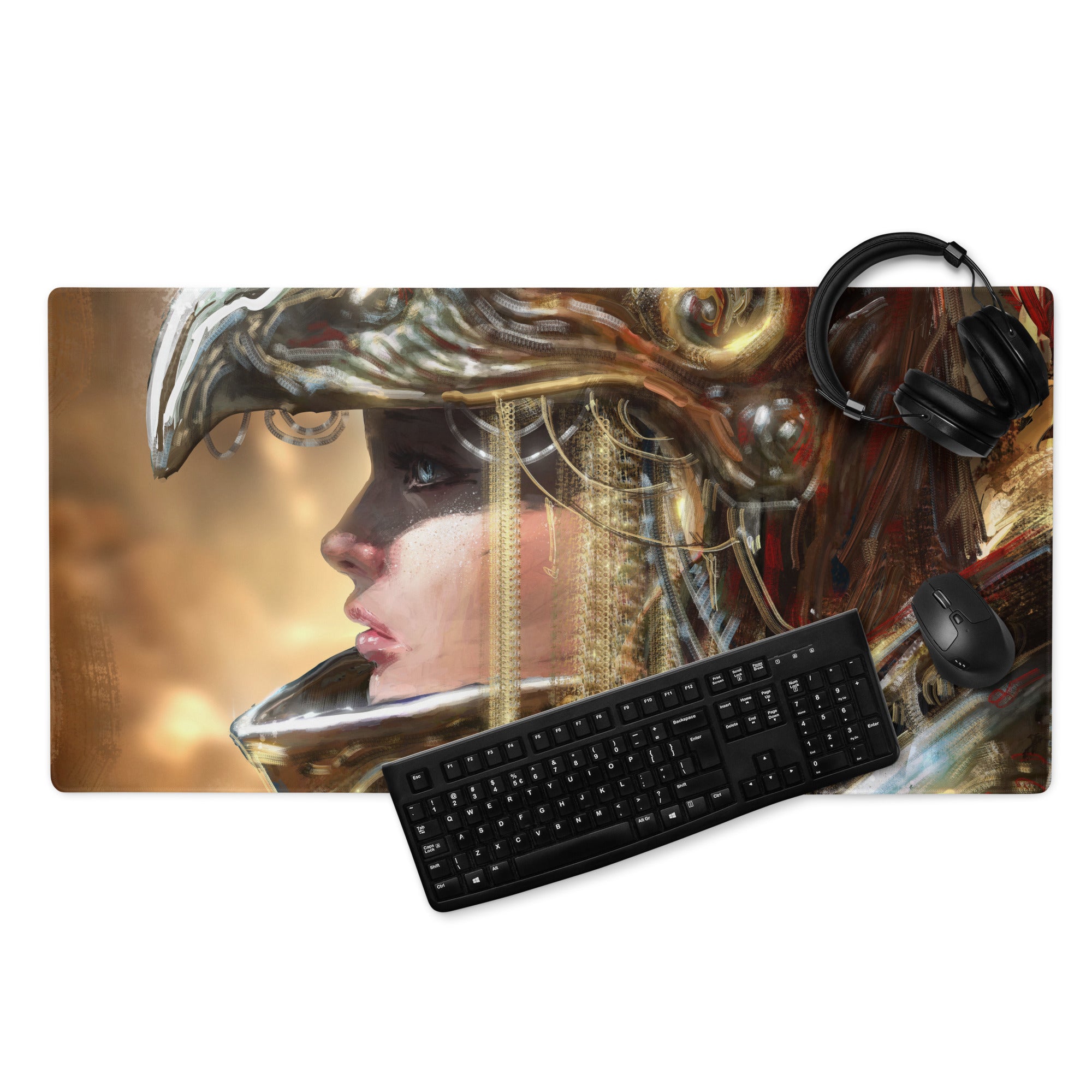 Gamer Themed Large Gaming Mouse Pad With Abstract Gold Brown Portrait Art For Desk Setup Digital Art