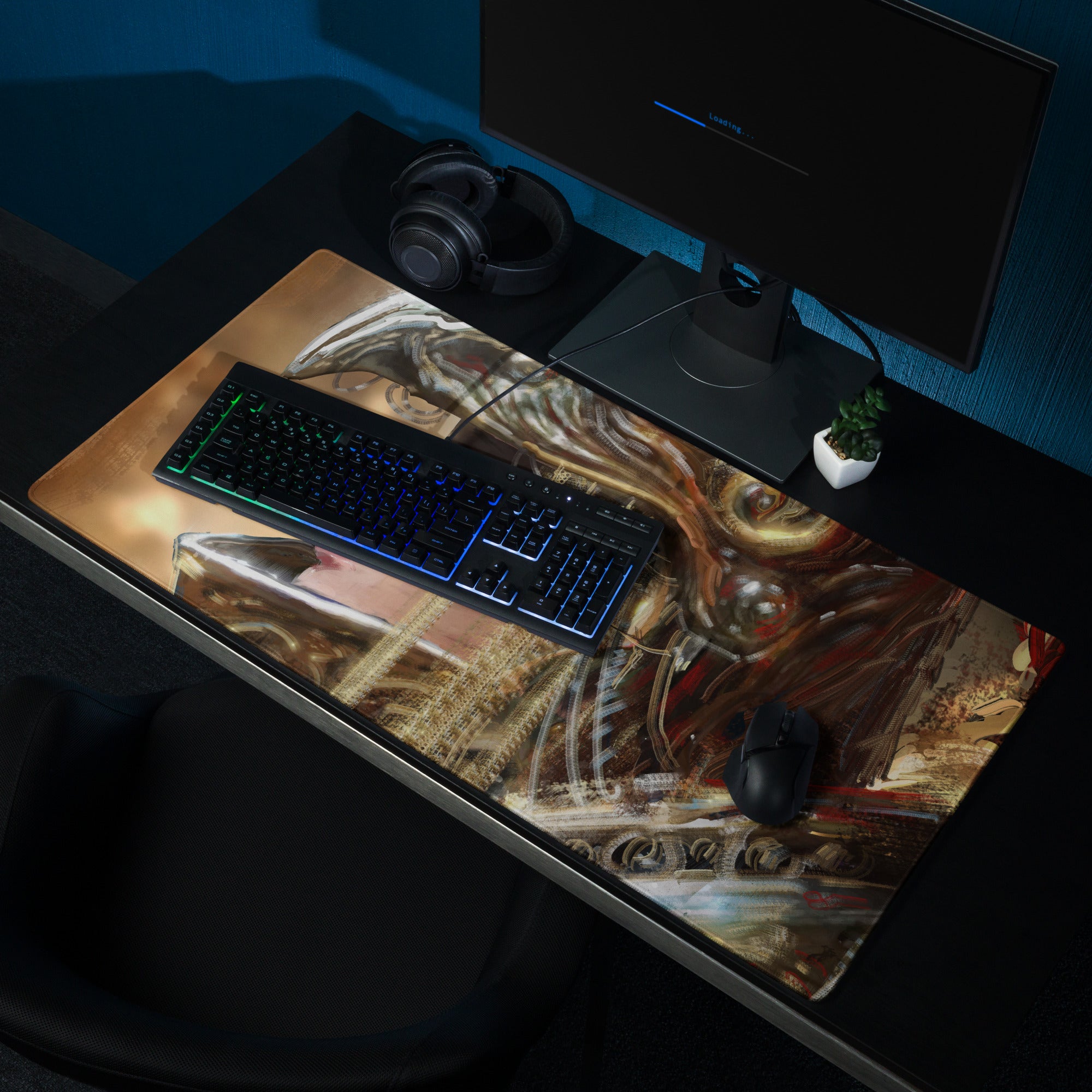 Gamer Themed Large Gaming Mouse Pad With Abstract Gold Brown Portrait Art For Desk Setup Digital Art