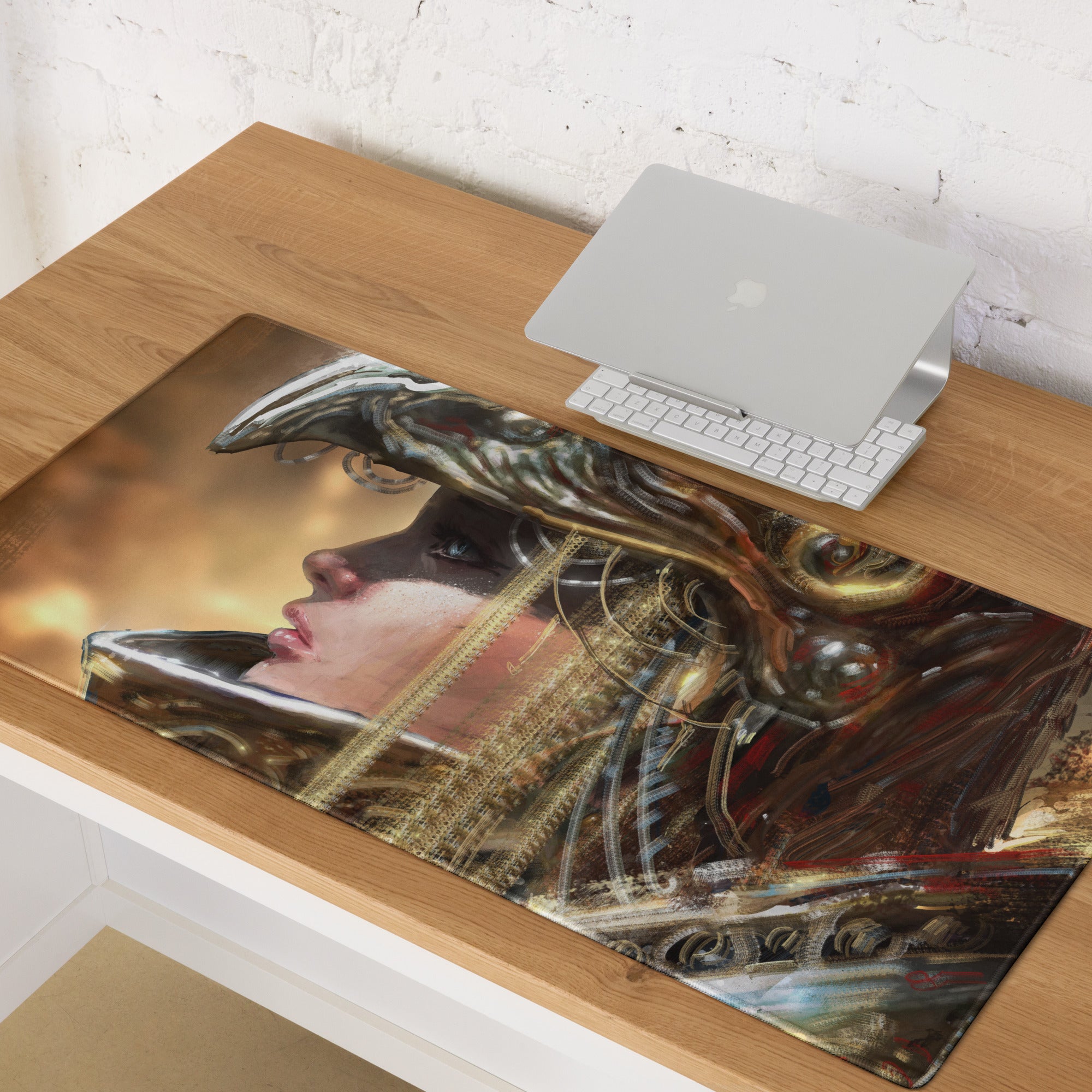 Gamer Themed Large Gaming Mouse Pad With Abstract Gold Brown Portrait Art For Desk Setup Digital Art