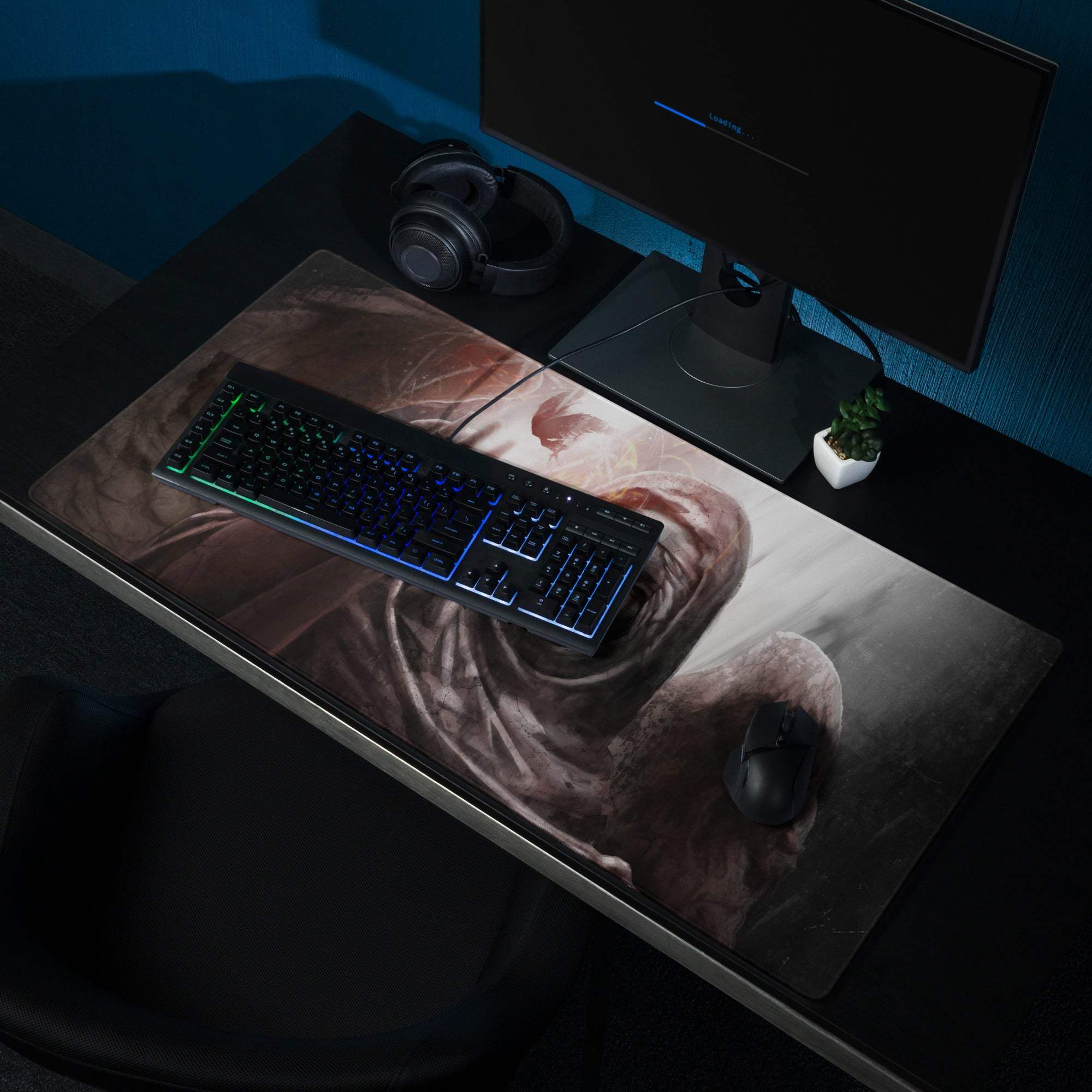 Dark neon scifi gaming mousepad in dark brown and gray with a detailed scifi warrior illustration under a keyboard