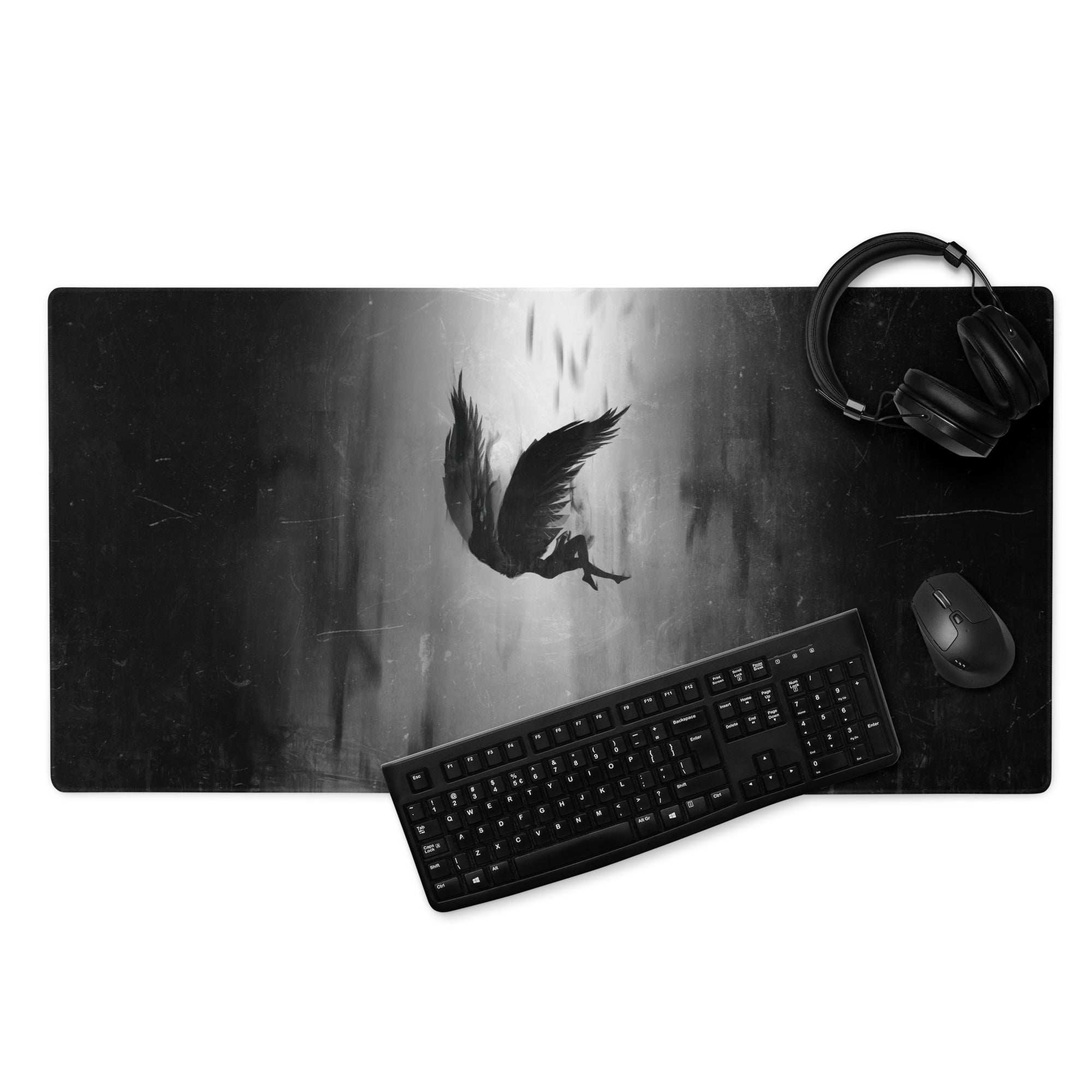 Black Gray Eagle Silhouette Gaming Mouse Pad For Desks, Monochrome Grunge Style, Large Size