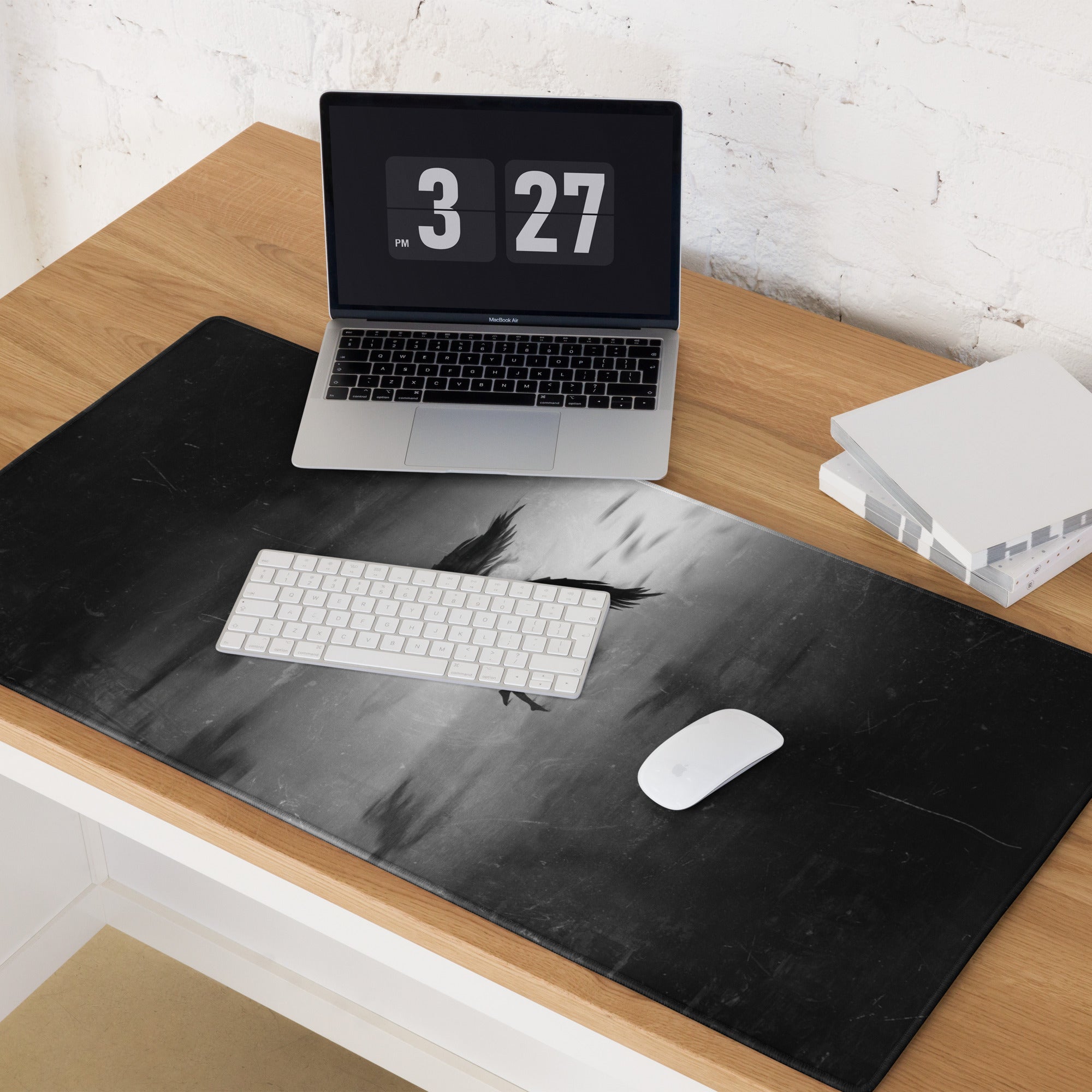 Black Gray Eagle Silhouette Gaming Mouse Pad For Desks, Monochrome Grunge Style, Large Size