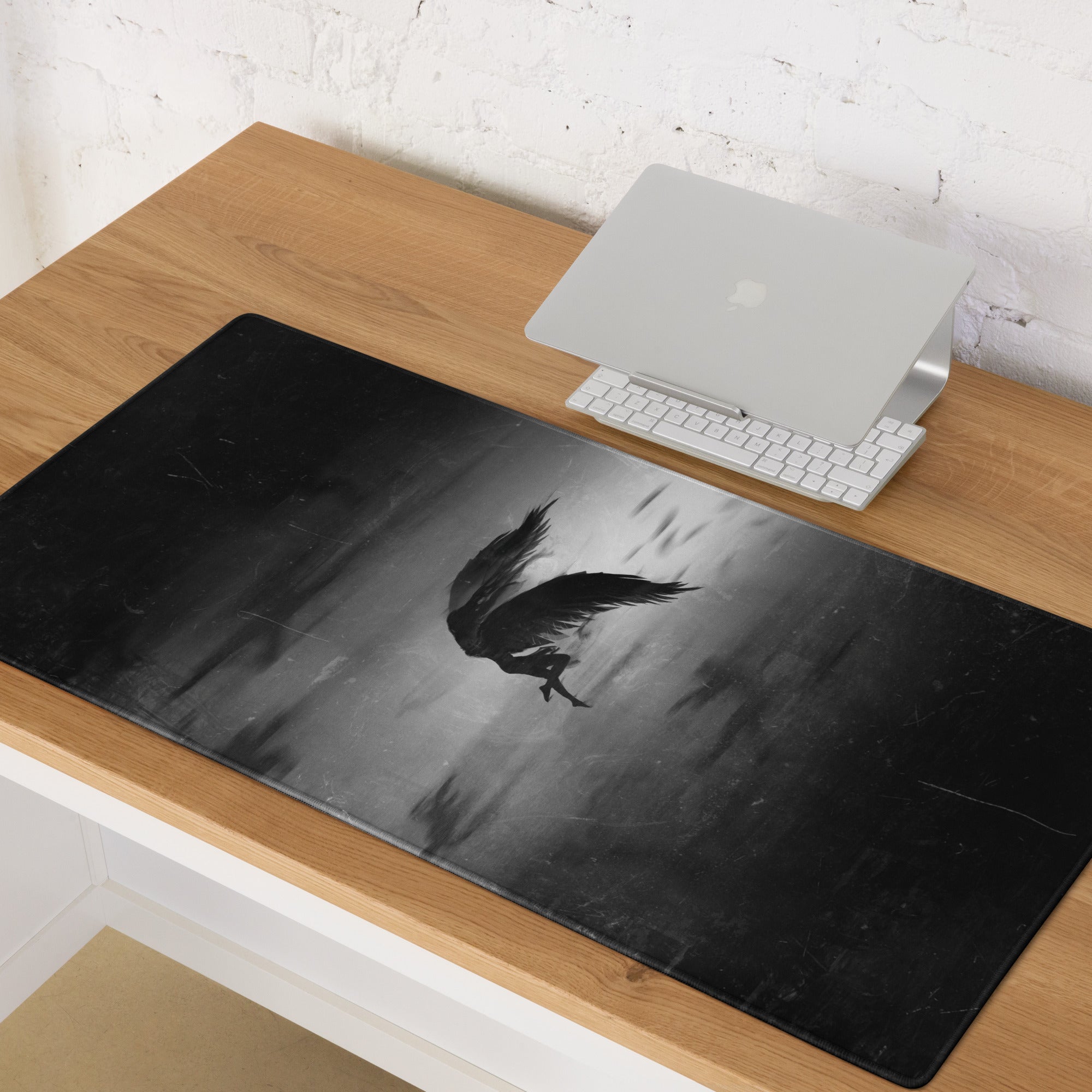 Black Gray Eagle Silhouette Gaming Mouse Pad For Desks, Monochrome Grunge Style, Large Size