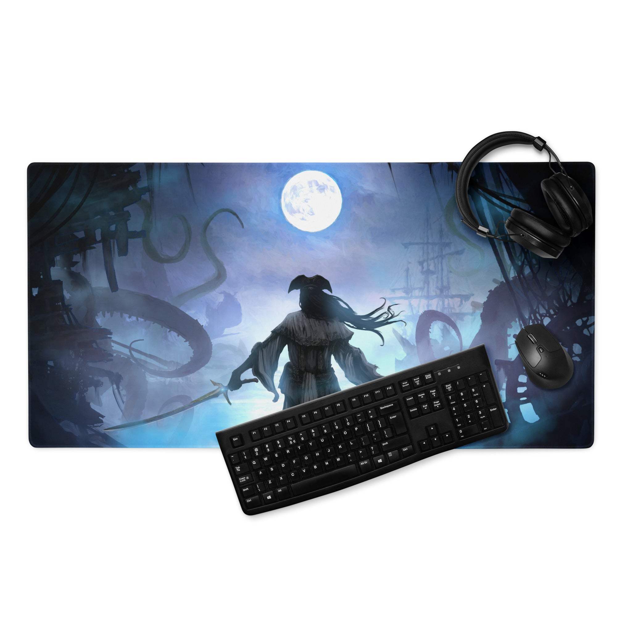 Blue and black fantasy-themed gaming mouse pad with moonlit hooded figure and sword against dark tentacled ruins design