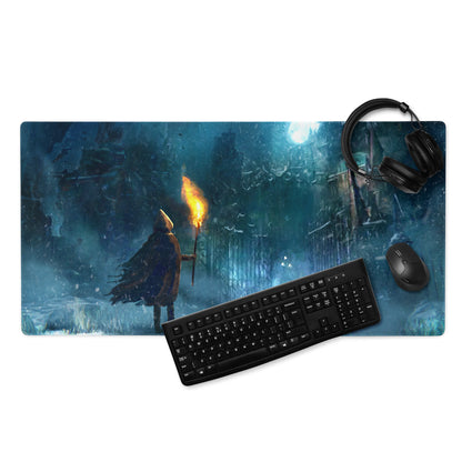 Dark Blue Gaming Mouse Pad With Teal Accents For PC Desk Setup Cinematic Fantasy Artwork Large Non Slip Edge Stitched
