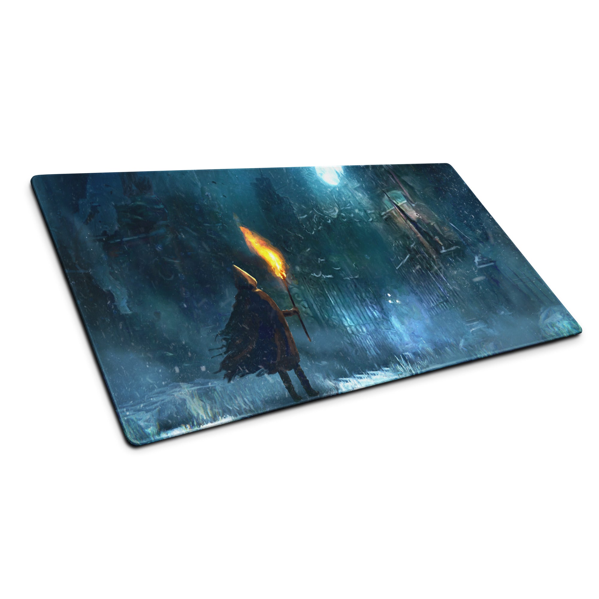 Dark Blue Gaming Mouse Pad With Teal Accents For PC Desk Setup Cinematic Fantasy Artwork Large Non Slip Edge Stitched