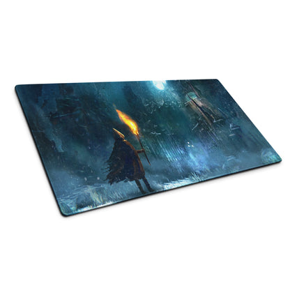 Dark Blue Gaming Mouse Pad With Teal Accents For PC Desk Setup Cinematic Fantasy Artwork Large Non Slip Edge Stitched