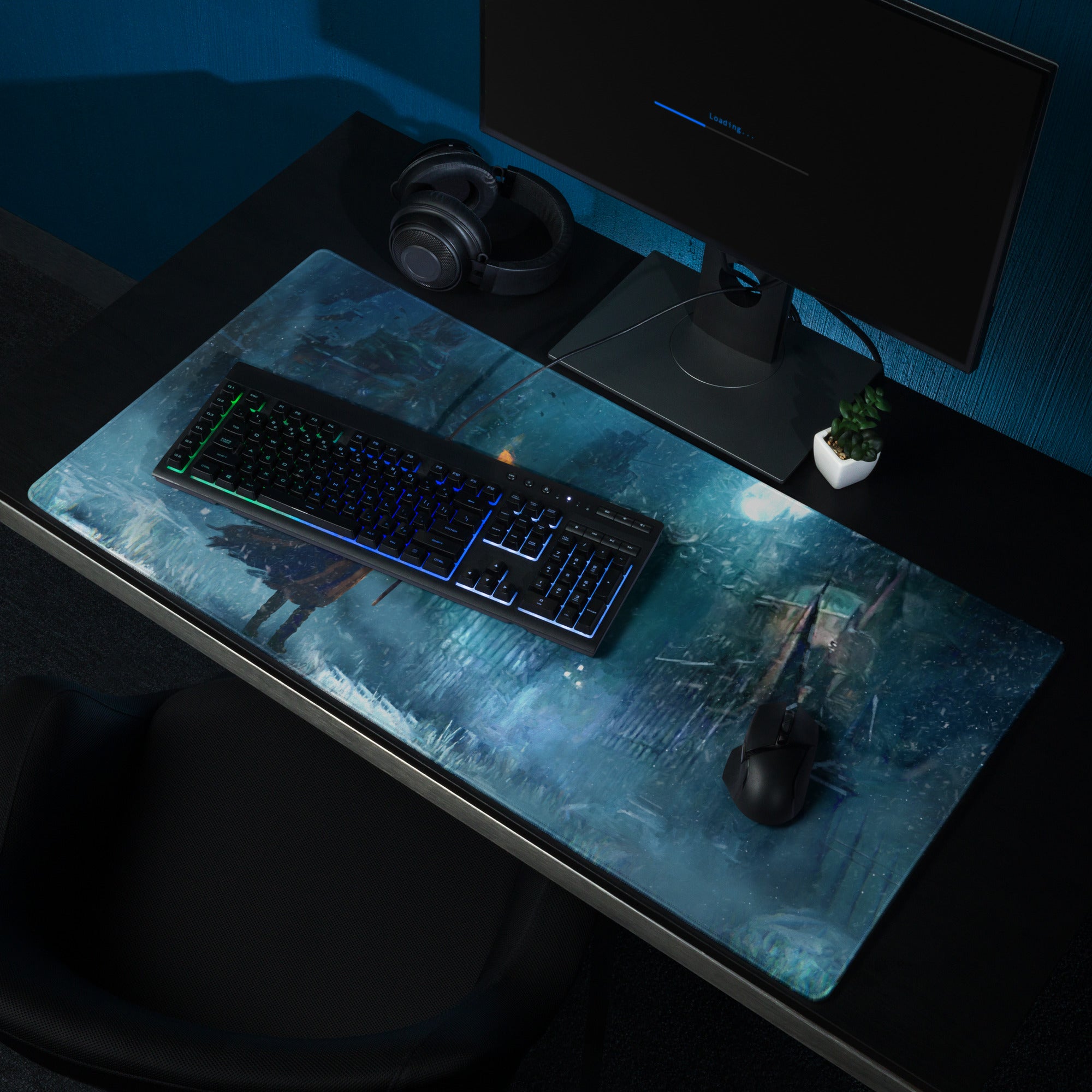 Dark Blue Gaming Mouse Pad With Teal Accents For PC Desk Setup Cinematic Fantasy Artwork Large Non Slip Edge Stitched