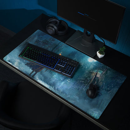 Dark Blue Gaming Mouse Pad With Teal Accents For PC Desk Setup Cinematic Fantasy Artwork Large Non Slip Edge Stitched