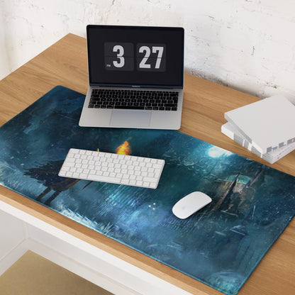 Dark Blue Gaming Mouse Pad With Teal Accents For PC Desk Setup Cinematic Fantasy Artwork Large Non Slip Edge Stitched