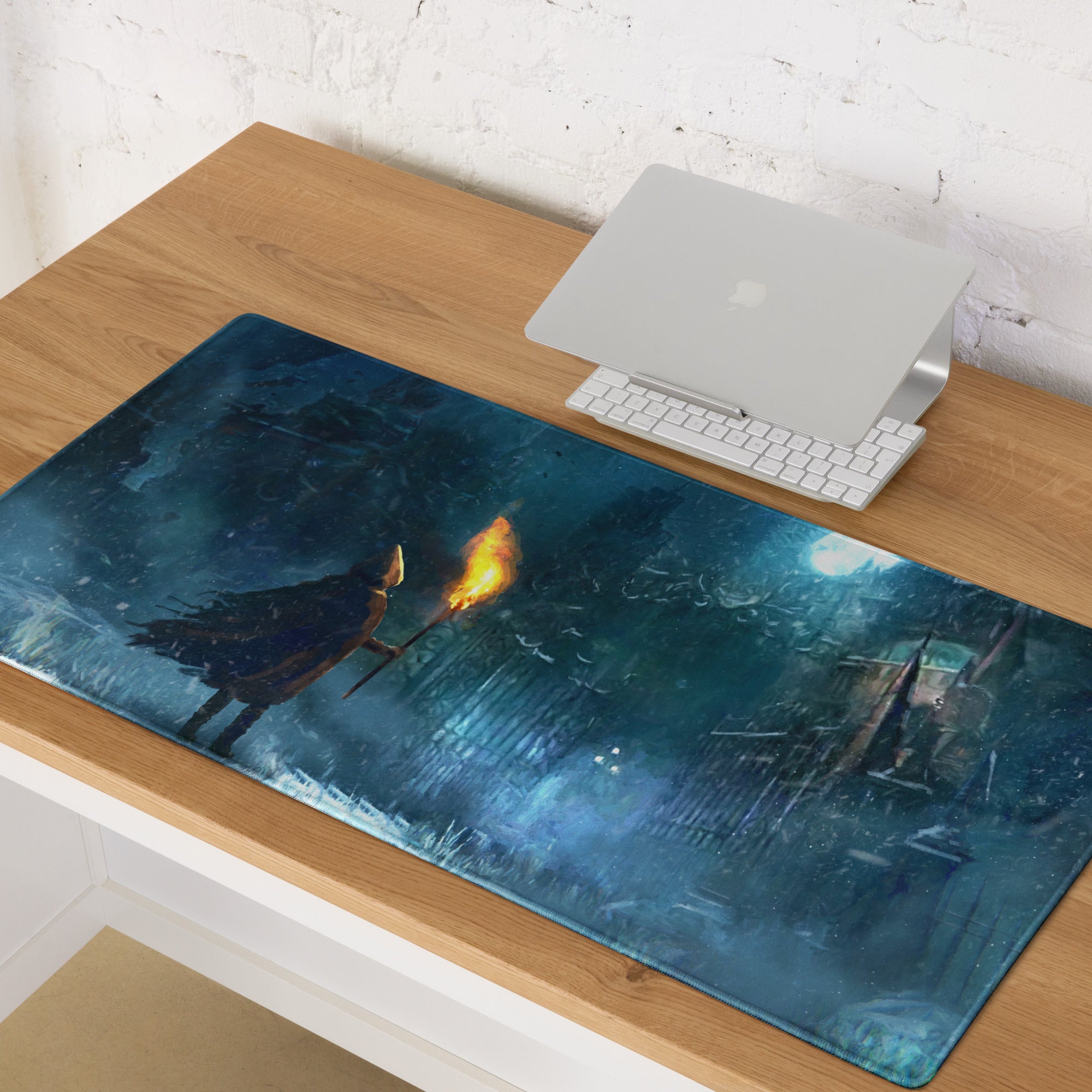 Dark Blue Gaming Mouse Pad With Teal Accents For PC Desk Setup Cinematic Fantasy Artwork Large Non Slip Edge Stitched