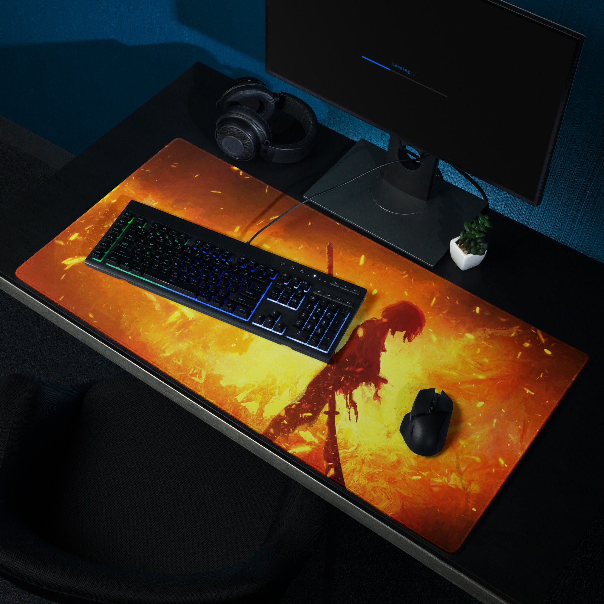 Gaming Mouse Pad Orange Red Fiery Warrior For Gaming Desk Setup Large Non Slip Base Modern Matte Art Pad Esports Ready