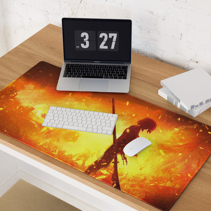 Gaming Mouse Pad Orange Red Fiery Warrior For Gaming Desk Setup Large Non Slip Base Modern Matte Art Pad Esports Ready