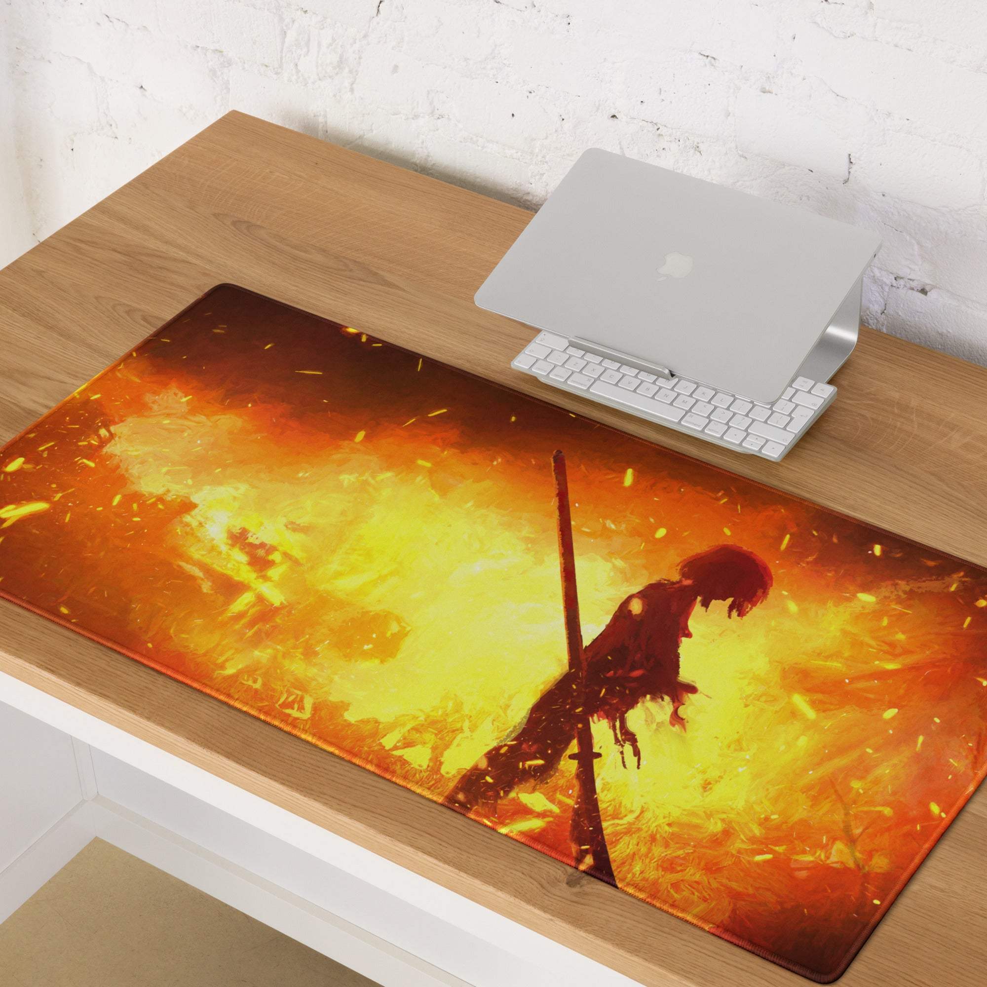 Fiery warrior gaming mouse pad with fiery orange and yellow explosion and anime sword character on smooth surface