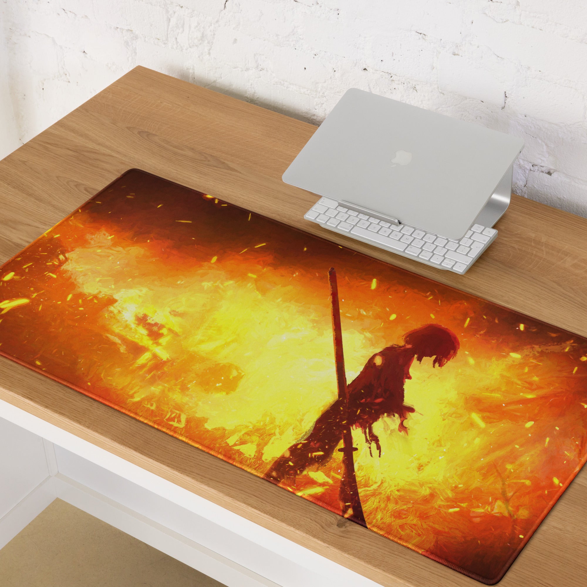 Gaming Mouse Pad Orange Red Fiery Warrior For Gaming Desk Setup Large Non Slip Base Modern Matte Art Pad Esports Ready