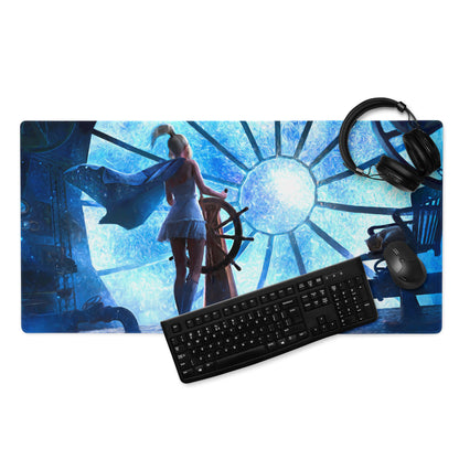 Blue Fantasy Clockwork Ship Wheel Gaming Mouse Pad For Desk Setup, Blue Tones, Digital Art Style