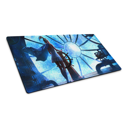 Blue Fantasy Clockwork Ship Wheel Gaming Mouse Pad For Desk Setup, Blue Tones, Digital Art Style