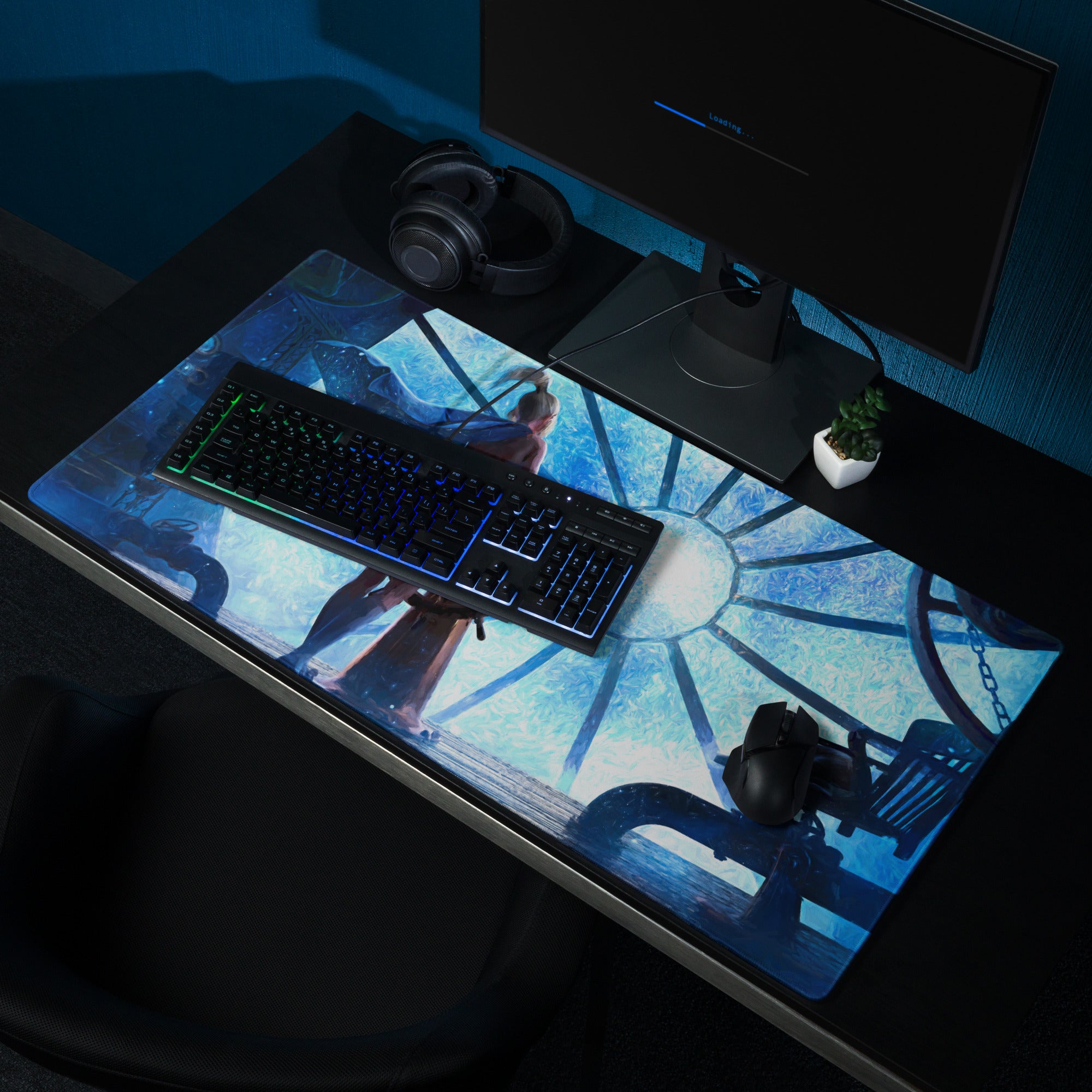 Blue Fantasy Clockwork Ship Wheel Gaming Mouse Pad For Desk Setup, Blue Tones, Digital Art Style