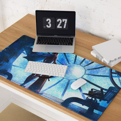 Blue Fantasy Clockwork Ship Wheel Gaming Mouse Pad For Desk Setup, Blue Tones, Digital Art Style