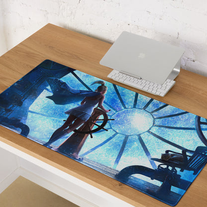 Blue Fantasy Clockwork Ship Wheel Gaming Mouse Pad For Desk Setup, Blue Tones, Digital Art Style