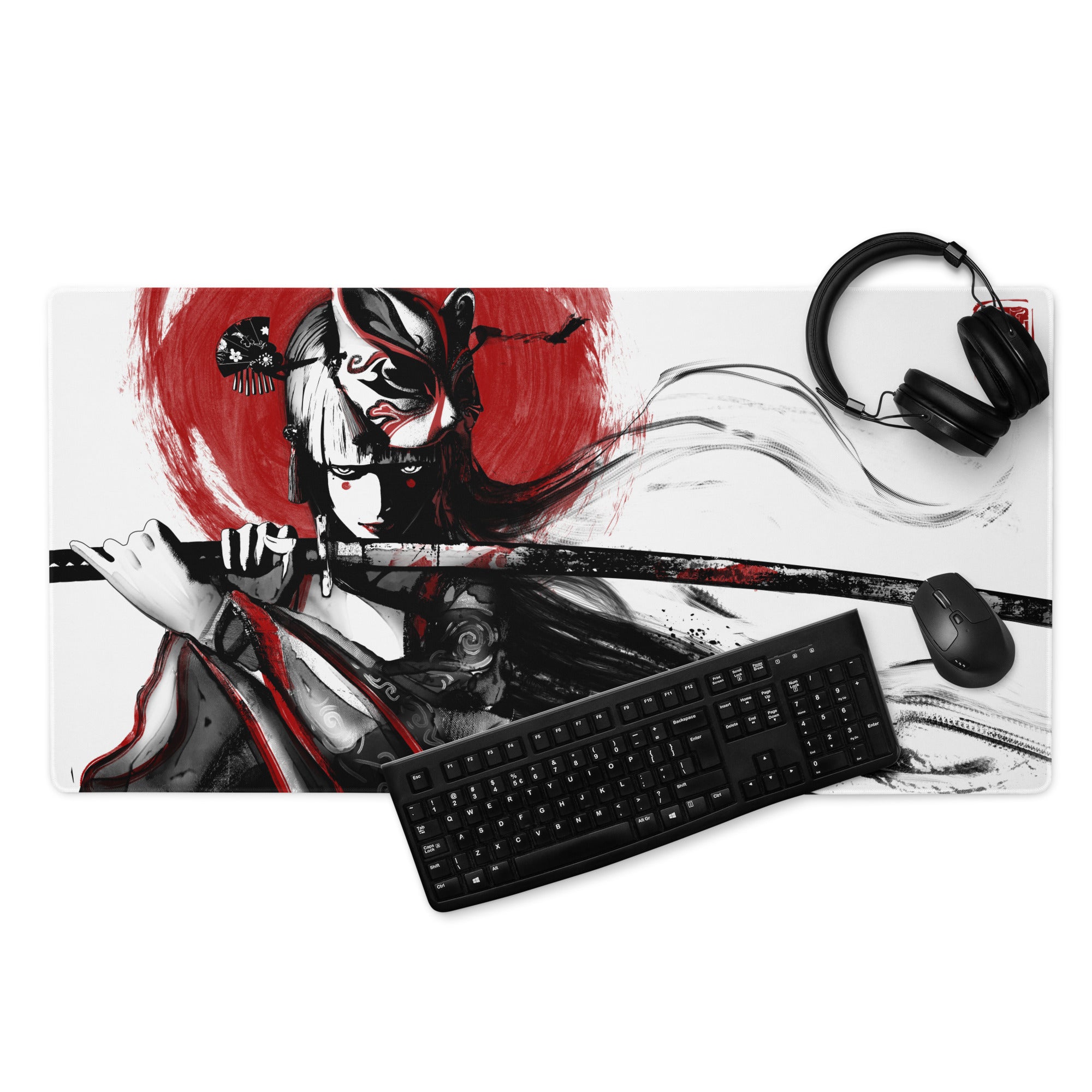 Gaming Mouse Pad Red Black For Gaming Desk Bold Sumi E Brush Stroke Print Esports Gear Anime Inspired