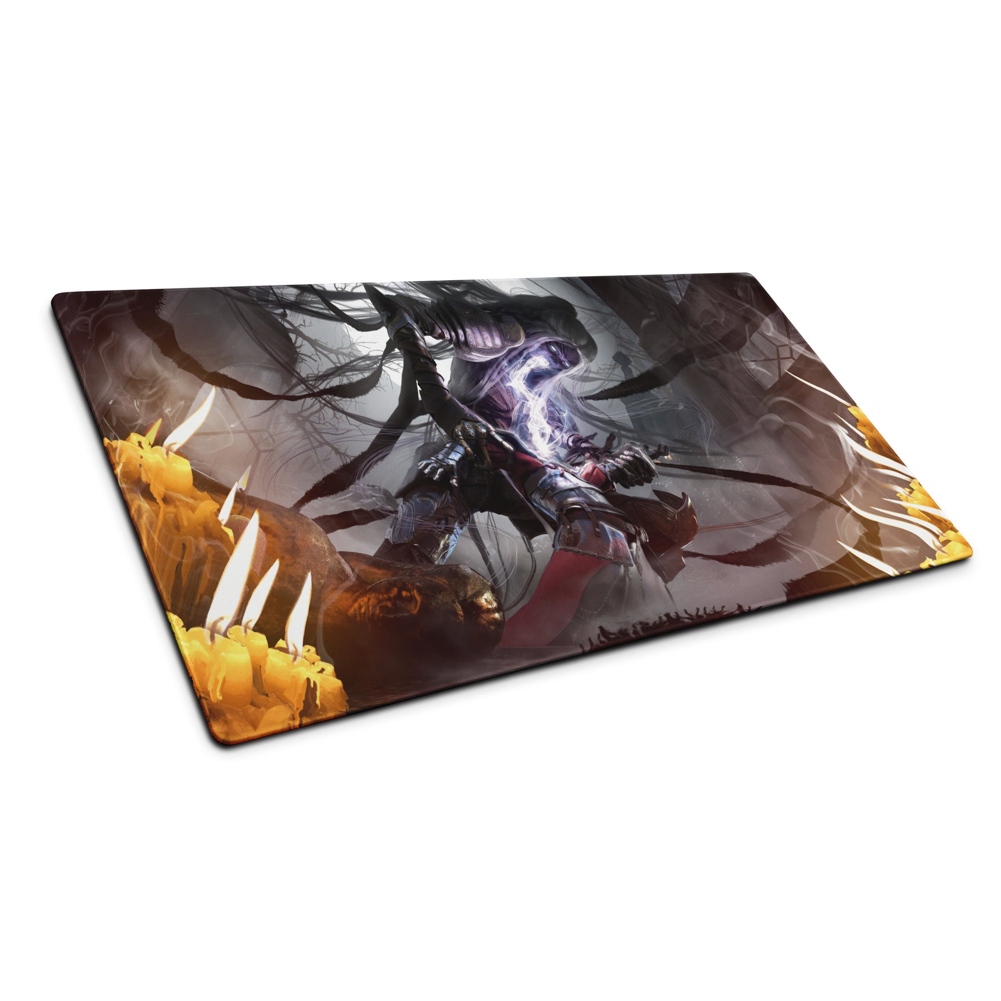 Gaming Mouse Pad Large Desk Mat For Gaming Setup Dark Fiery Fantasy Warrior Artwork Non Slip Surface Edge Stitching