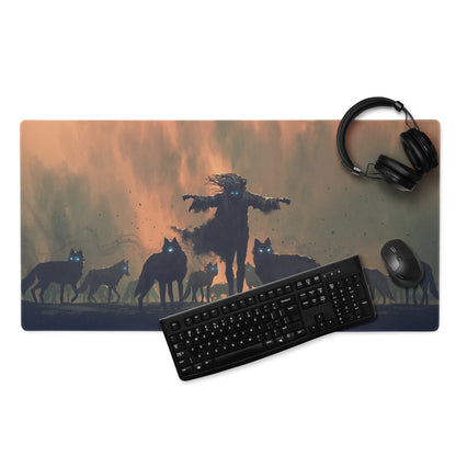 Gaming Mouse Pad Orange Sunset With Howling Wolves Silhouettes For Gaming Desk In Dramatic Fantasy Style