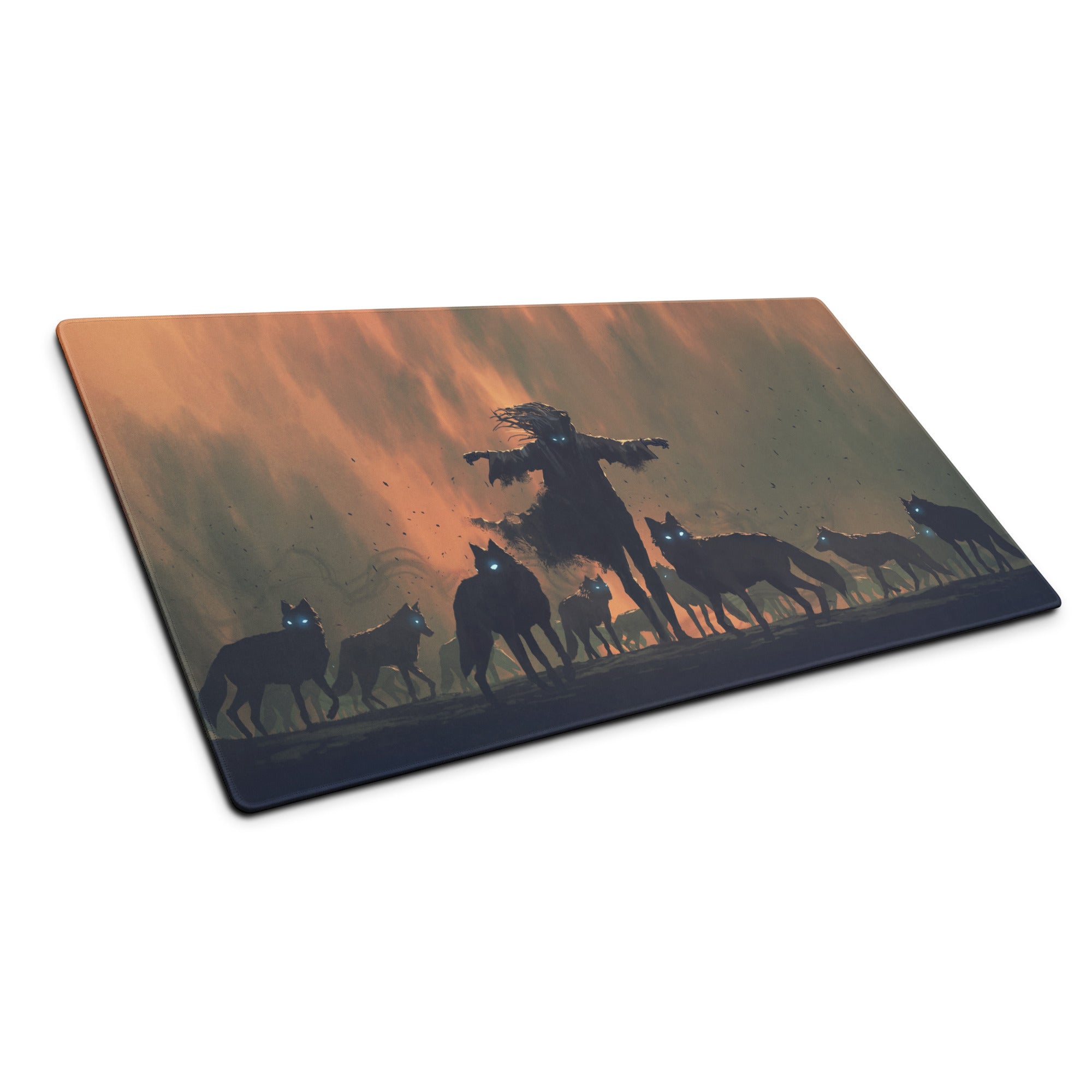 Gaming Mouse Pad Orange Sunset With Howling Wolves Silhouettes For Gaming Desk In Dramatic Fantasy Style