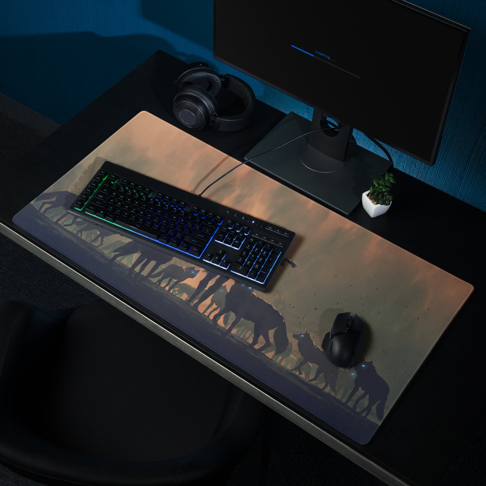 Gaming Mouse Pad Orange Sunset With Howling Wolves Silhouettes For Gaming Desk In Dramatic Fantasy Style
