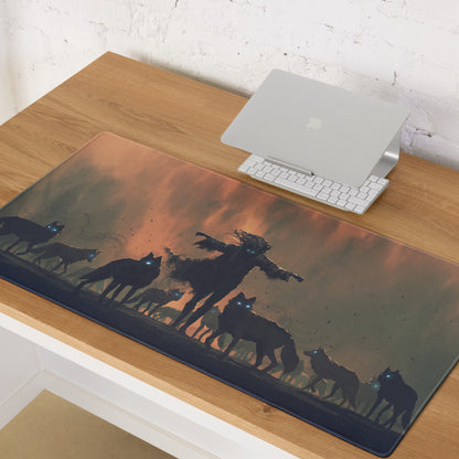 Gaming Mouse Pad Orange Sunset With Howling Wolves Silhouettes For Gaming Desk In Dramatic Fantasy Style