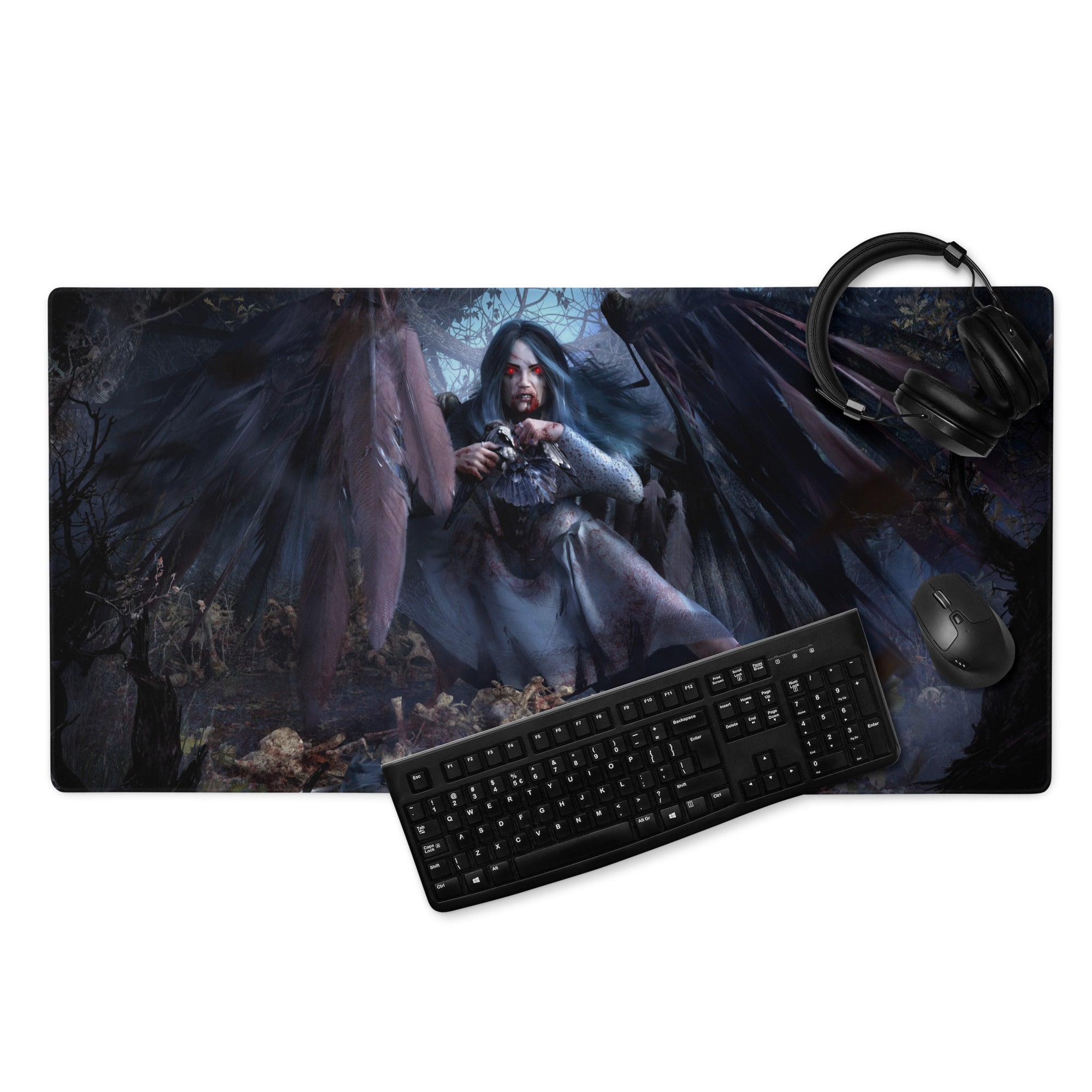 Dark Fantasy Gothic Vampire Girl Mouse Pad Blue Black Red Eyes Large Gaming Desk Mat Digital Art
