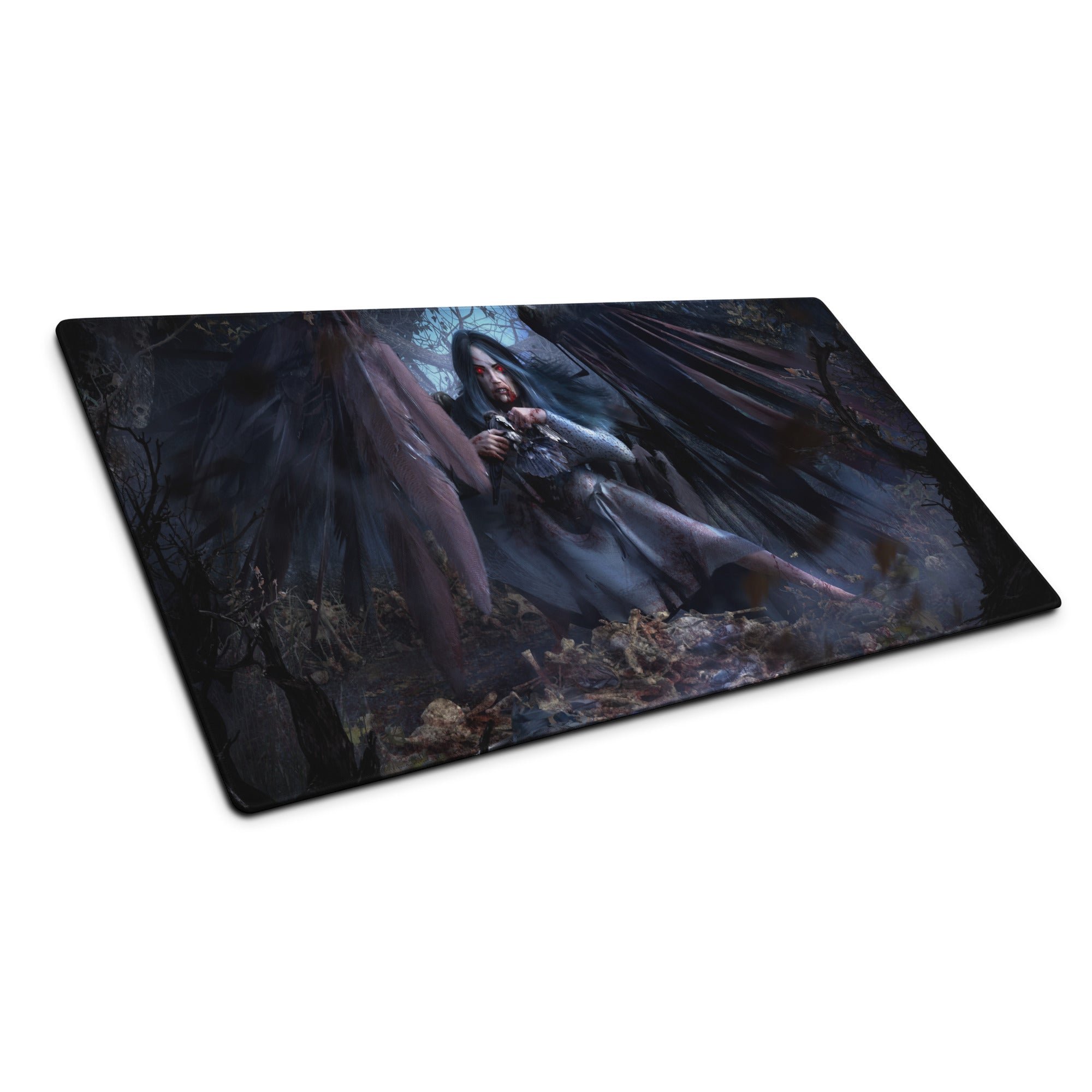 Dark Fantasy Gothic Vampire Girl Mouse Pad Blue Black Red Eyes Large Gaming Desk Mat Digital Art