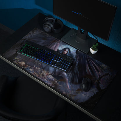 Dark Fantasy Gothic Vampire Girl Mouse Pad Blue Black Red Eyes Large Gaming Desk Mat Digital Art