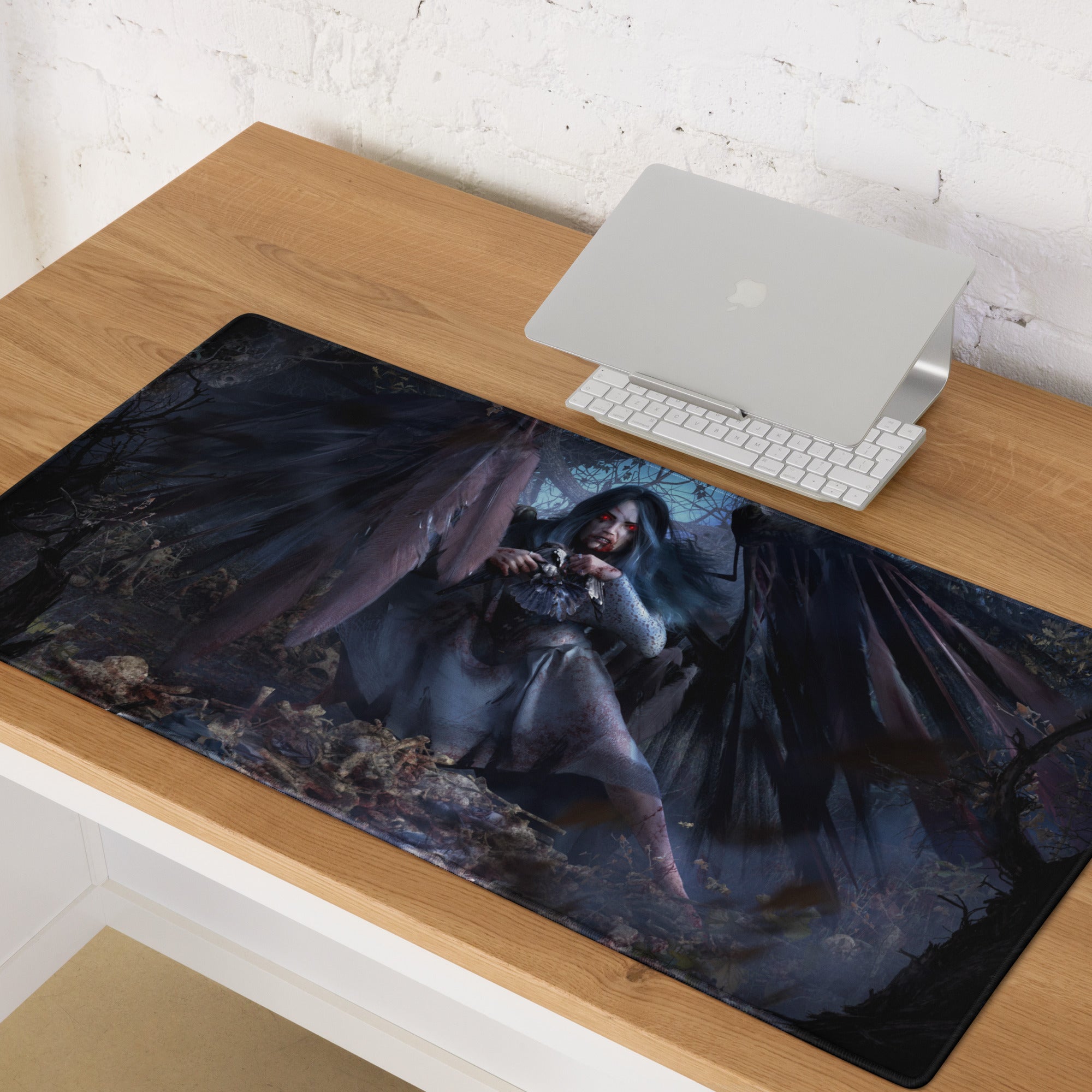 Dark Fantasy Gothic Vampire Girl Mouse Pad Blue Black Red Eyes Large Gaming Desk Mat Digital Art