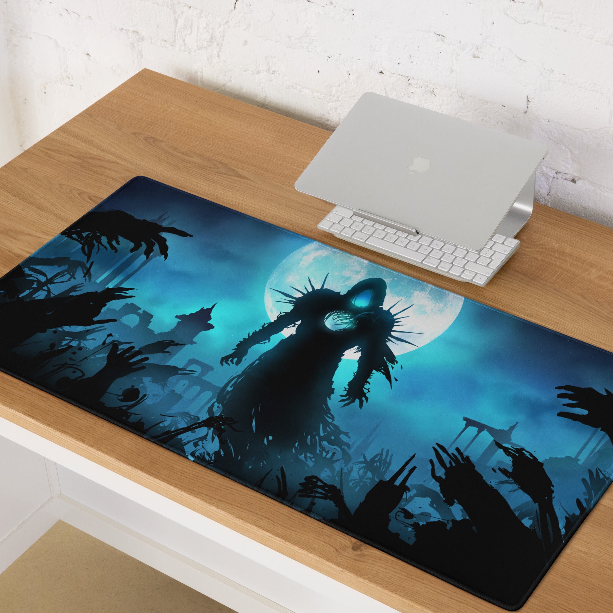 Gaming Mouse Pad Blue And Black For Gaming Desk Dark Fantasy Art Style Silhouette Artwork For Gaming Setup