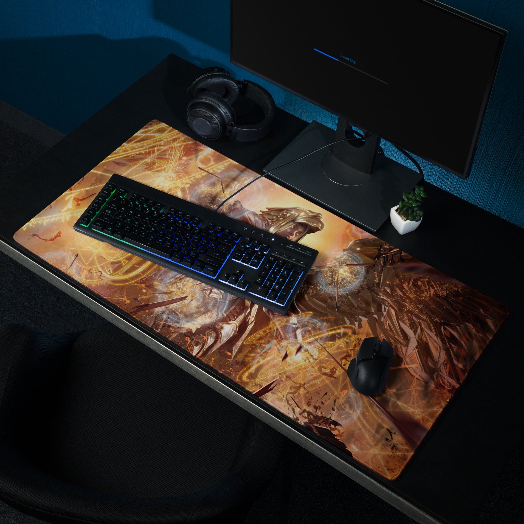 Gaming Mouse Pad Orange Gold Fire Art For Gaming Desk Futuristic Fantasy Style Digital Artwork