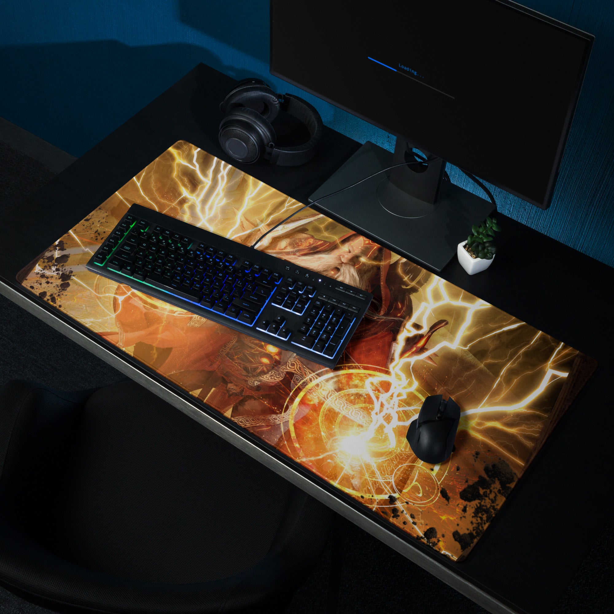 Epic Wizard Fantasy Gaming Mouse Pad Orange Gold Lightning For Gaming Desk Digital Art