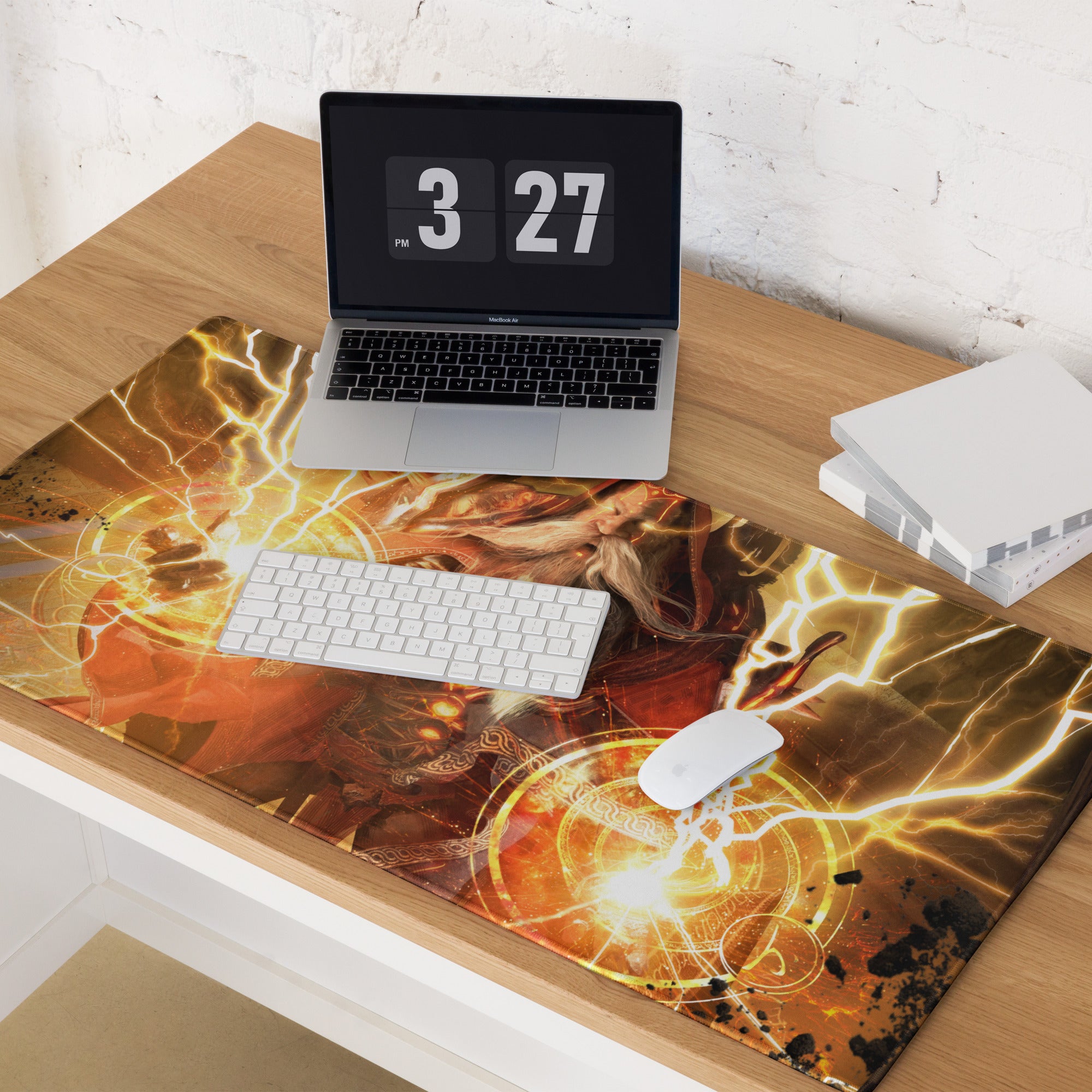 Epic Wizard Fantasy Gaming Mouse Pad Orange Gold Lightning For Gaming Desk Digital Art