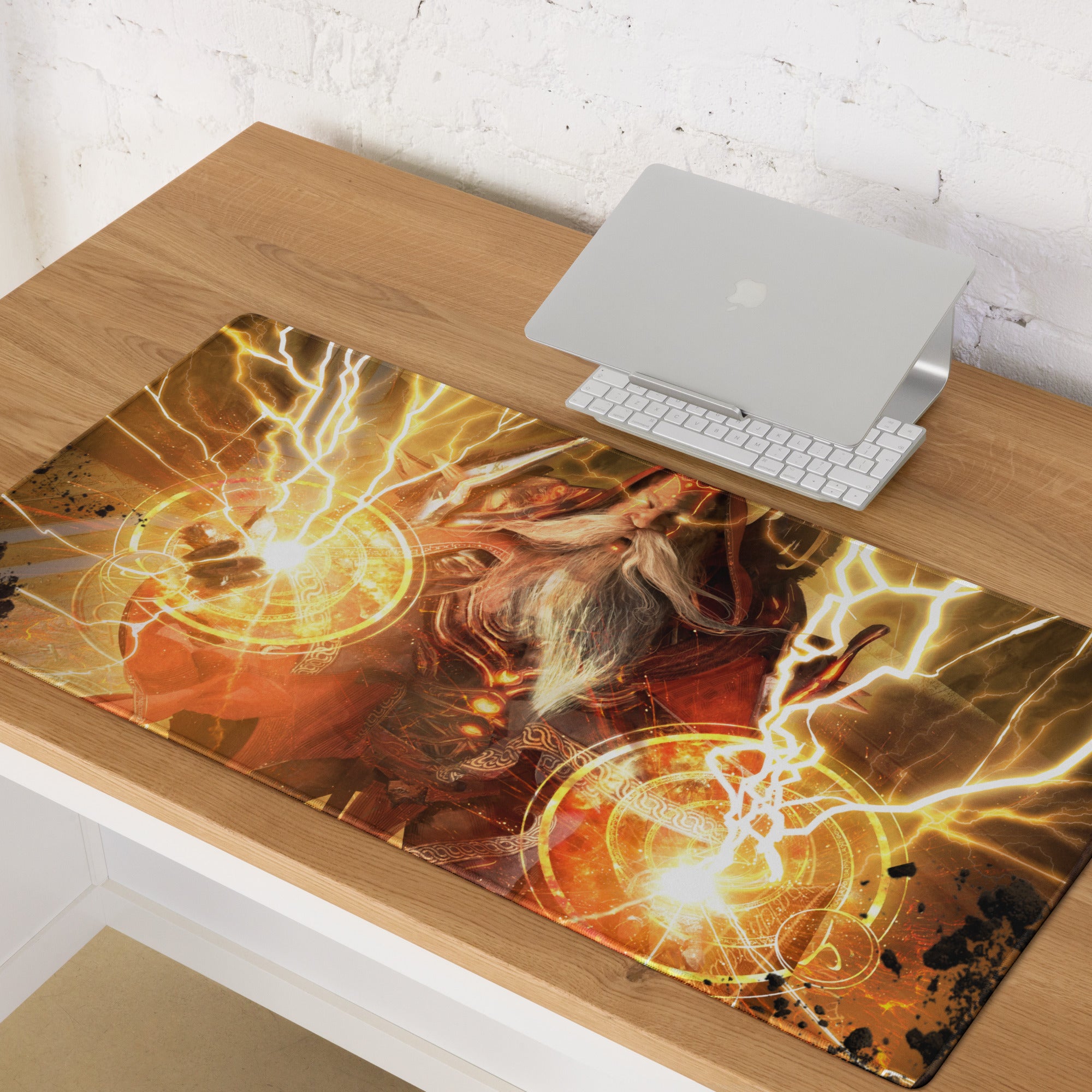 Epic Wizard Fantasy Gaming Mouse Pad Orange Gold Lightning For Gaming Desk Digital Art
