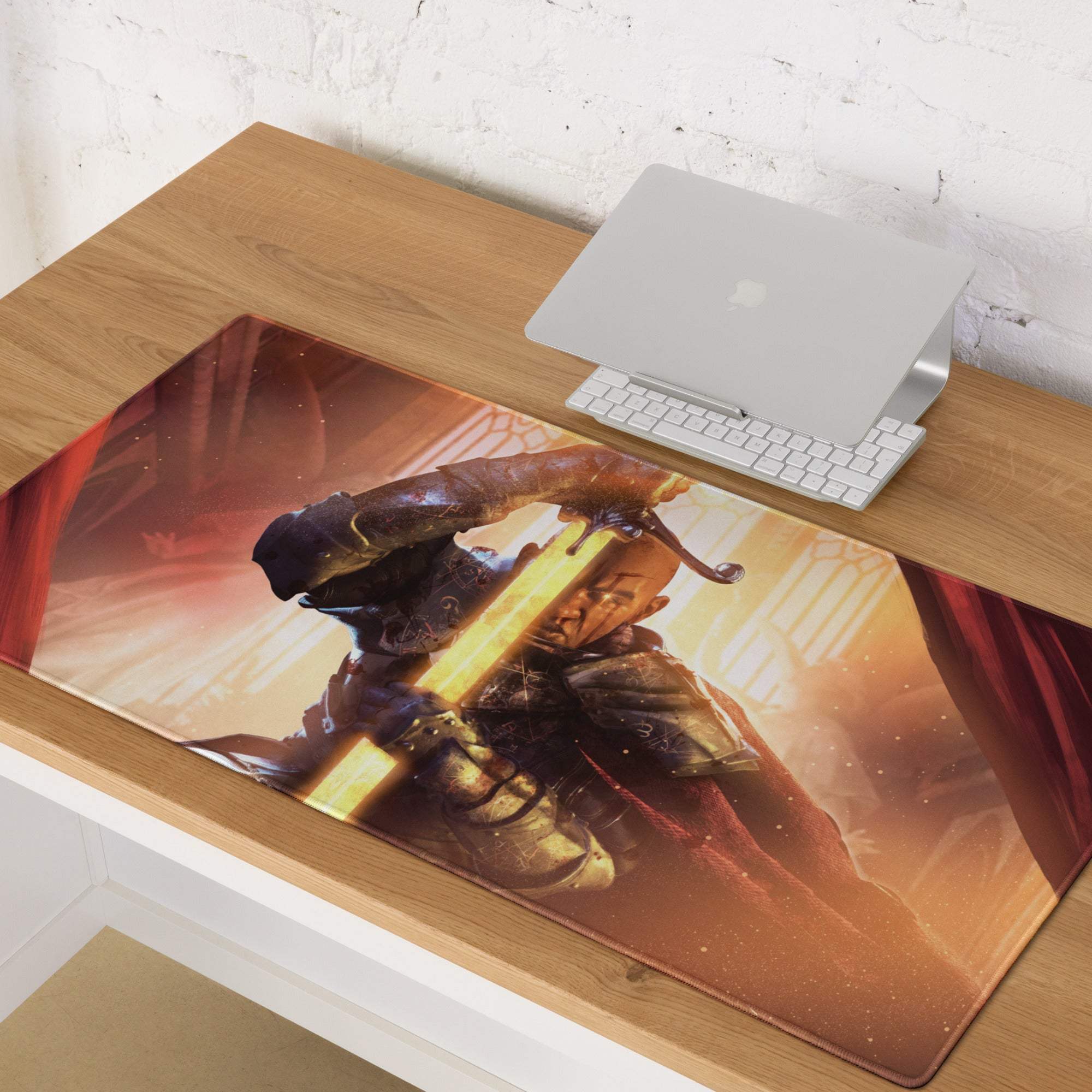 Rectangular gaming mousepad with detailed warrior illustration glowing sword orange red tones for gaming desk decor