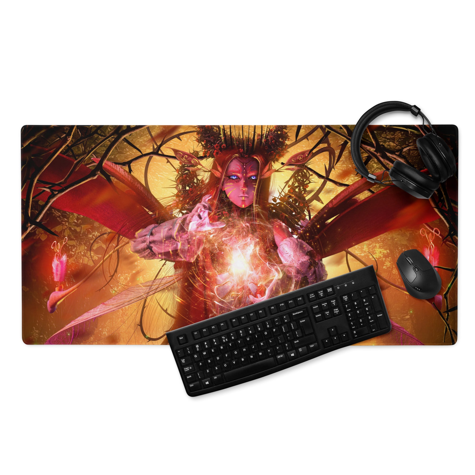Gaming Mouse Pad Red Orange Black Desk Setup Fantasy Digital Art Epic Mood Neon Gamer Decor