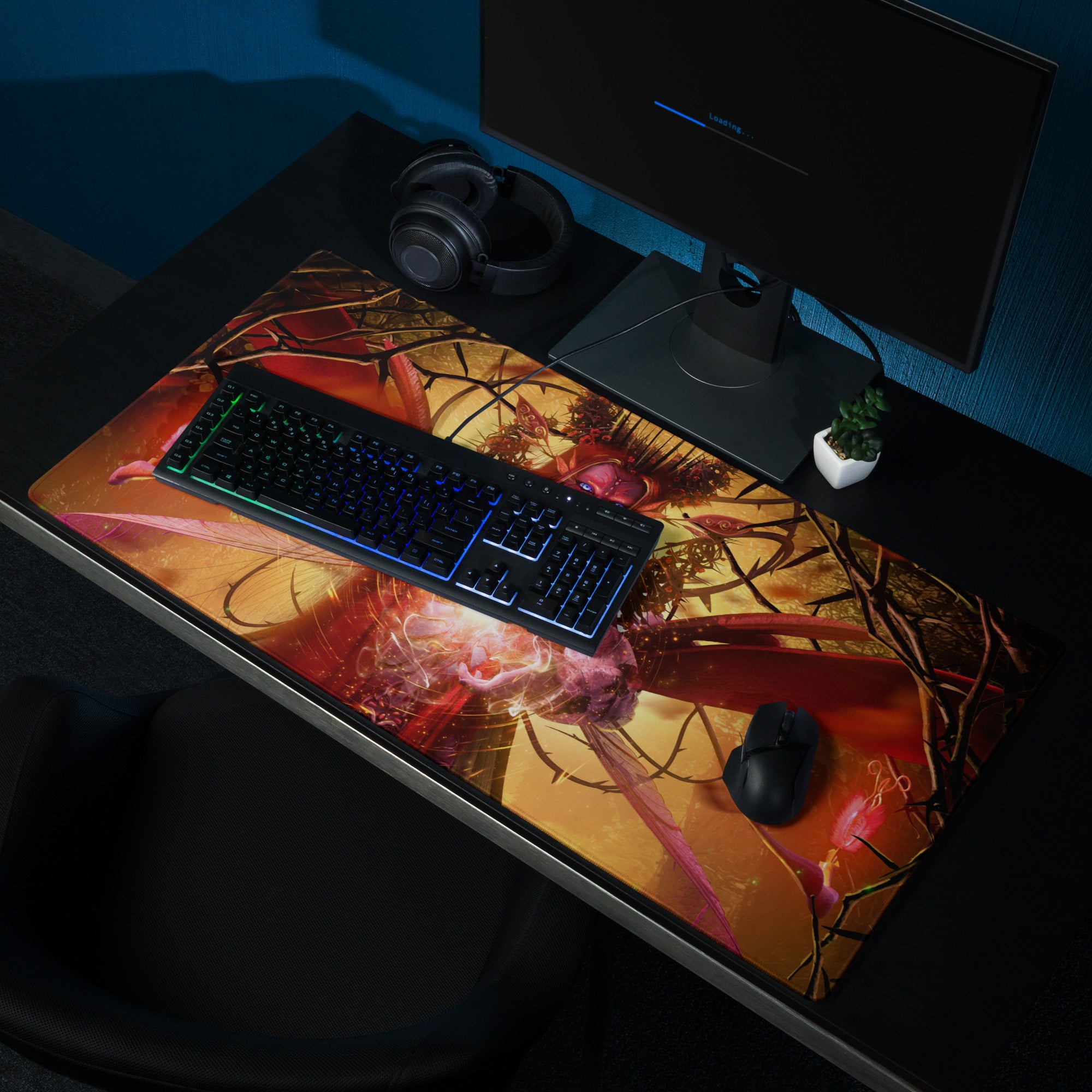 Gaming Mouse Pad Red Orange Black Desk Setup Fantasy Digital Art Epic Mood Neon Gamer Decor