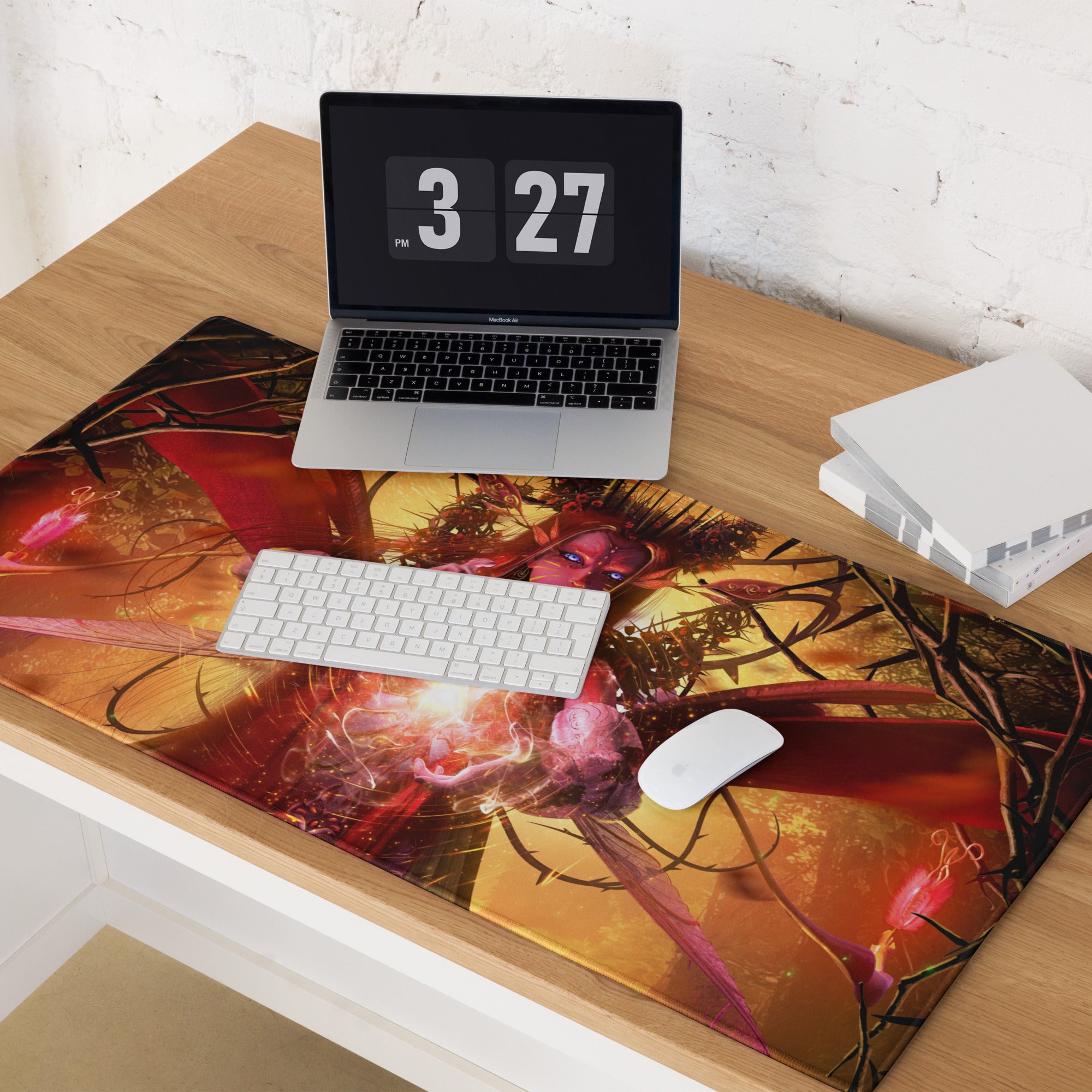 Gaming Mouse Pad Red Orange Black Desk Setup Fantasy Digital Art Epic Mood Neon Gamer Decor