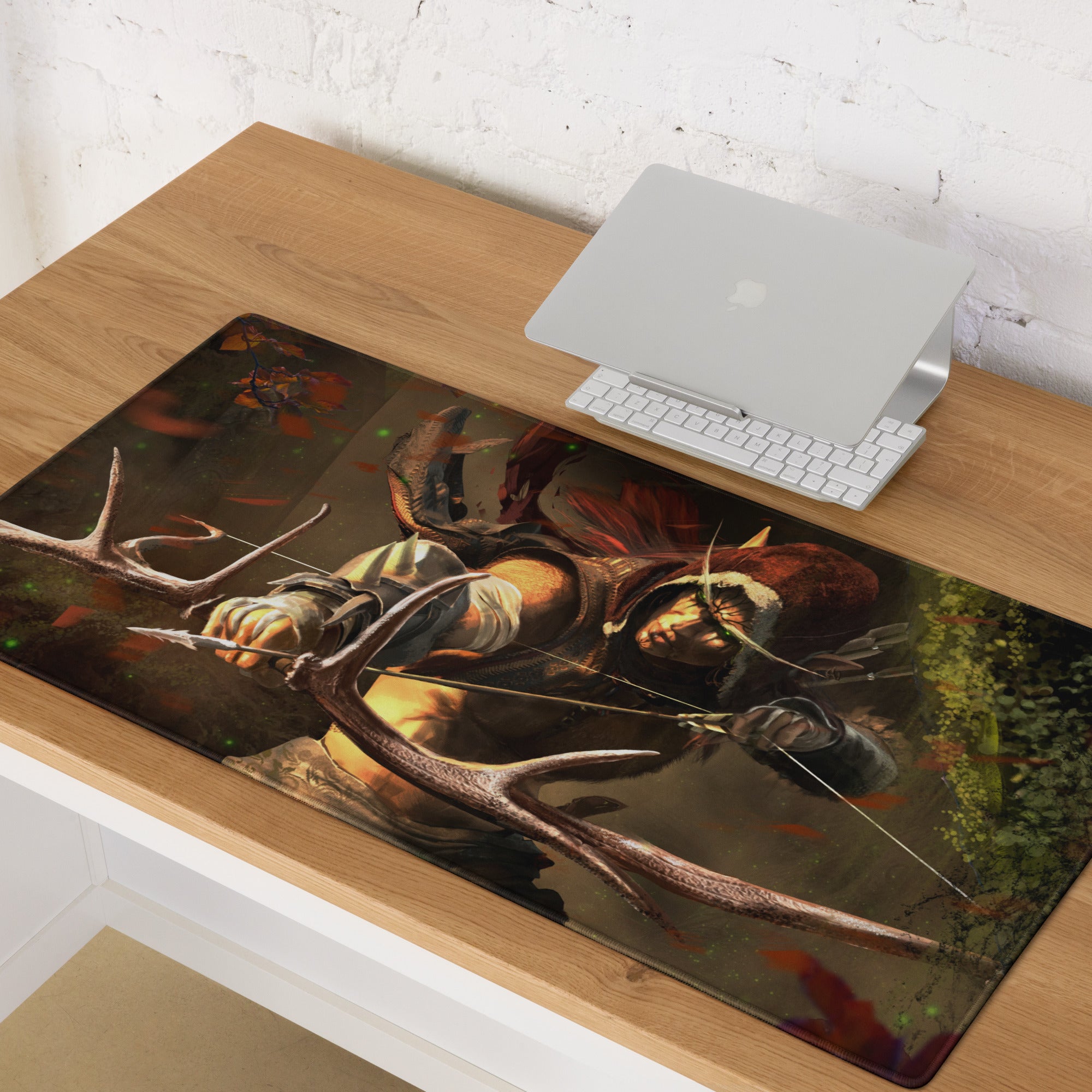 Gaming Mouse Pad For Desk Setup Dark Forest Green And Burnt Orange Epic Fantasy Warrior Digital Art