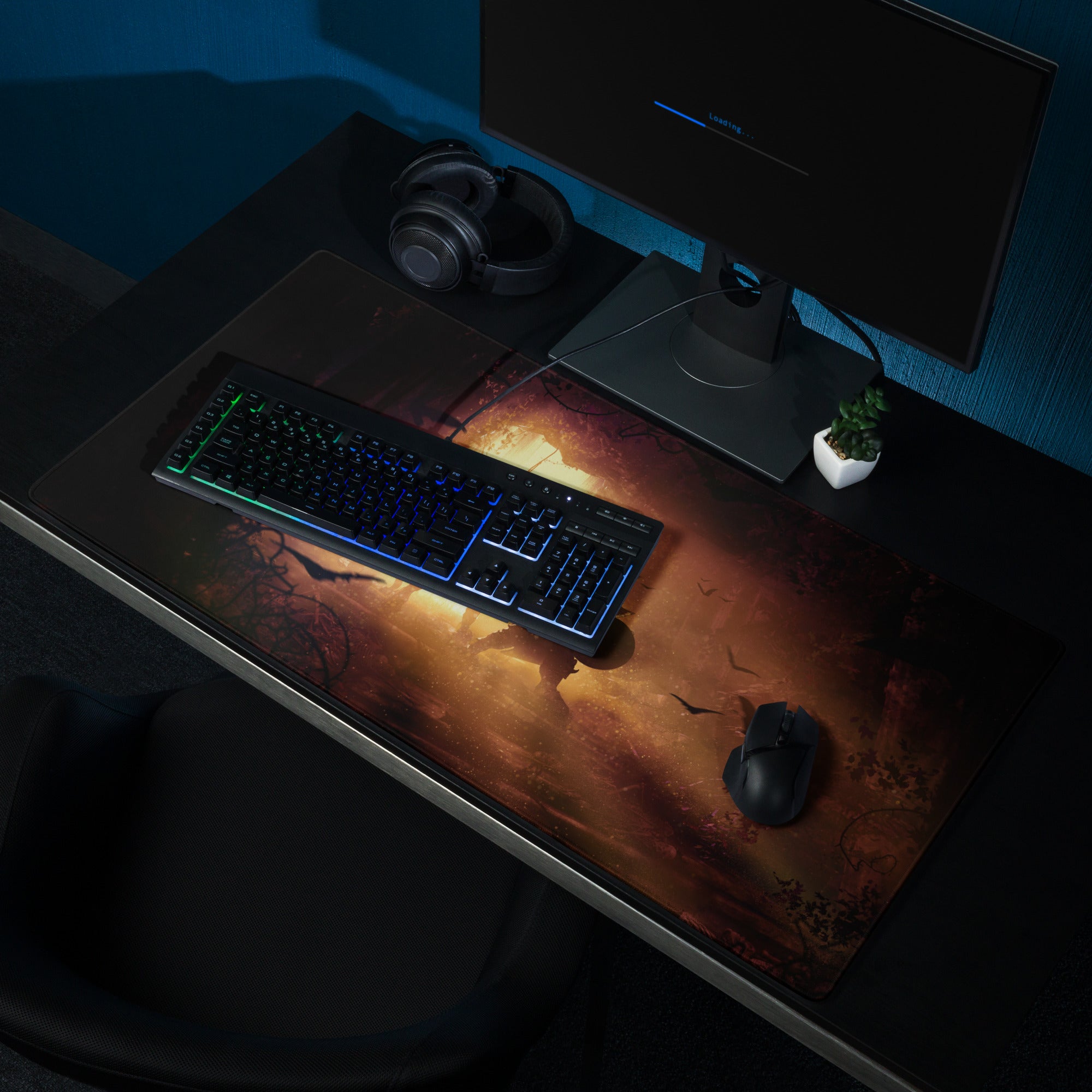 Gaming Mouse Pad Black Orange Battle Scene Large Desk Mat For Gaming Setup Anti Slip Edge Stitch