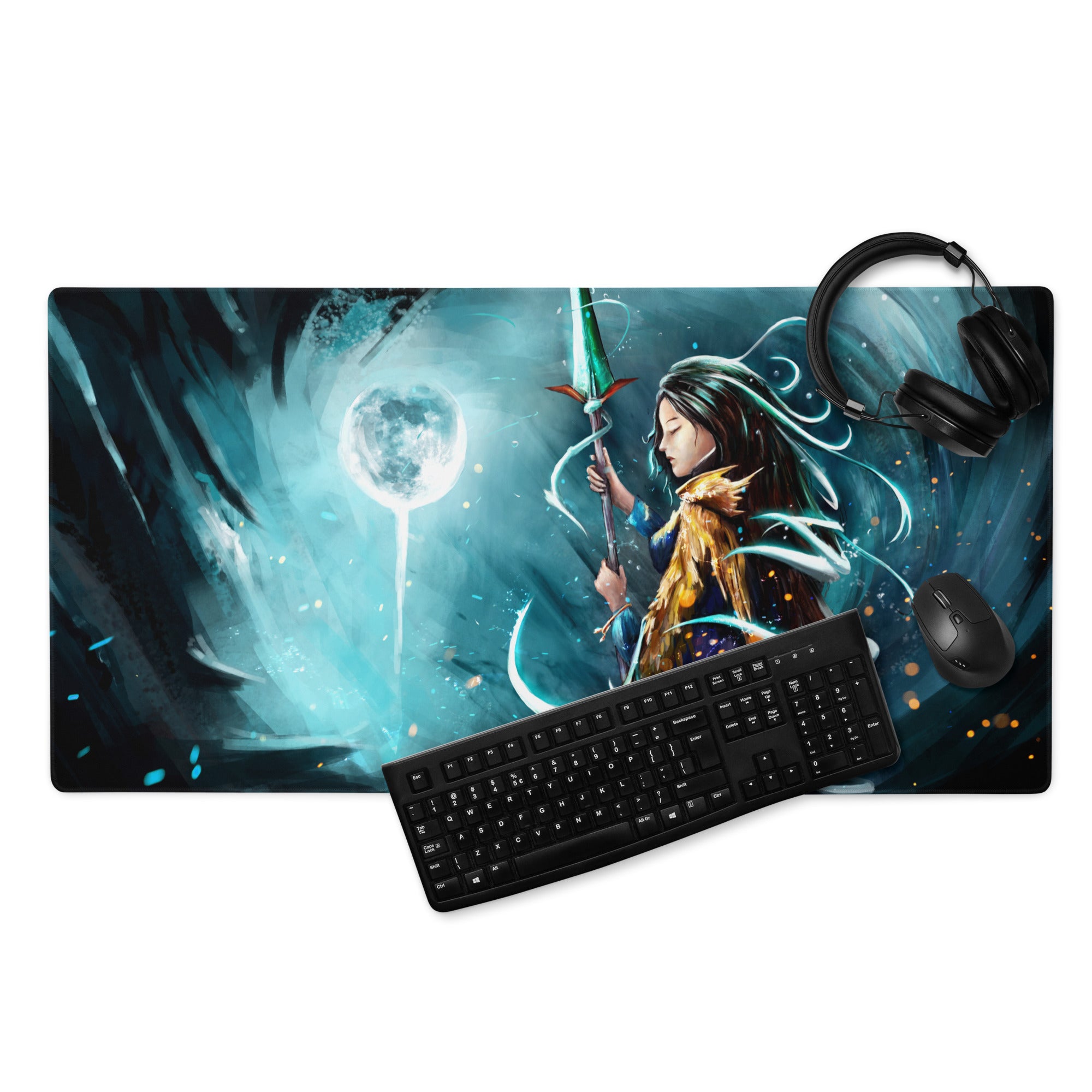 Moonlit Fantasy Gaming Mouse Pad Blue Teal Desk Mat For Gaming Setup Digital Art Style